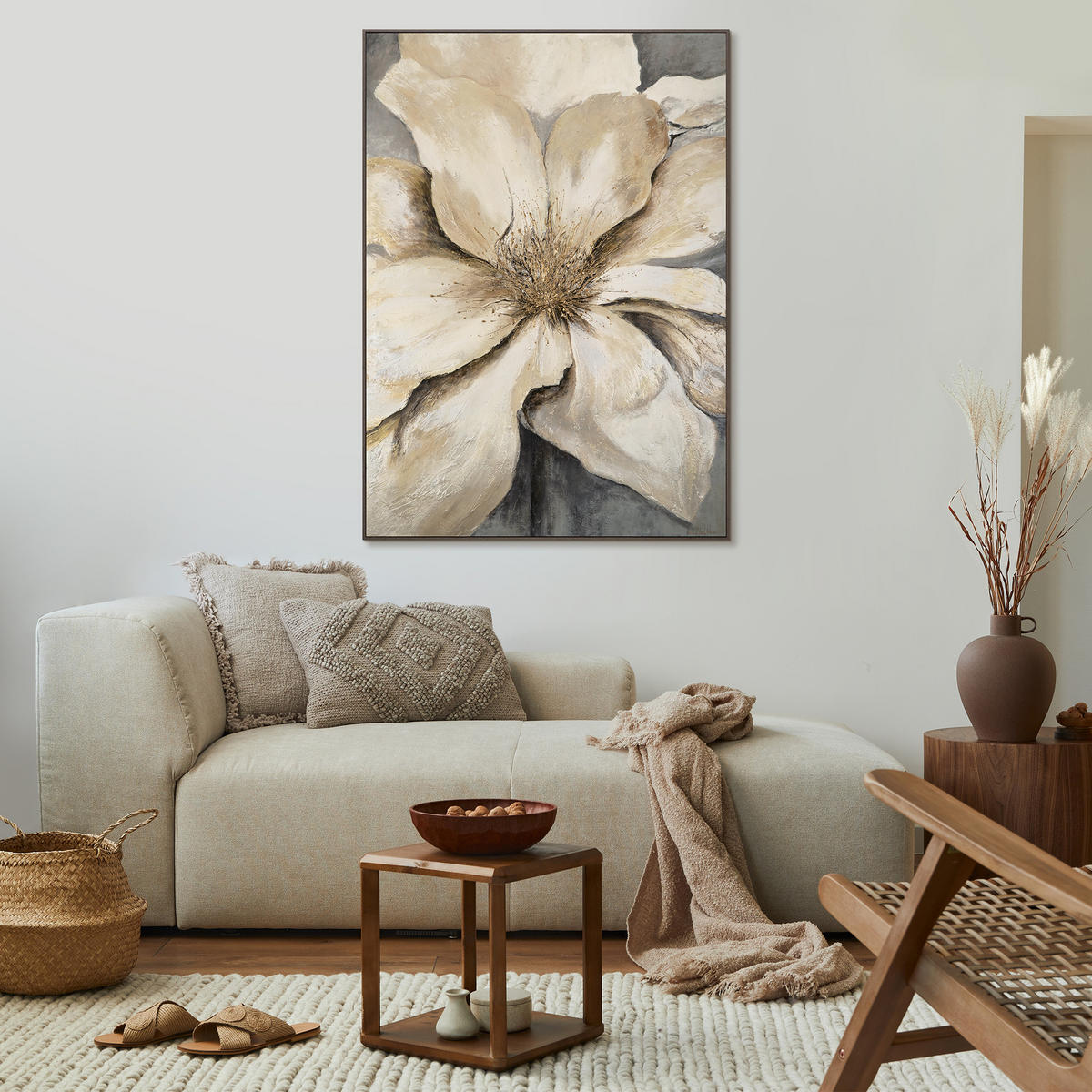 GEMÄLDE Goldene Blüte Schattenfugenrahmen Grau 140x100 cm - Grau, Holz (140/100cm) - YS-art gallery