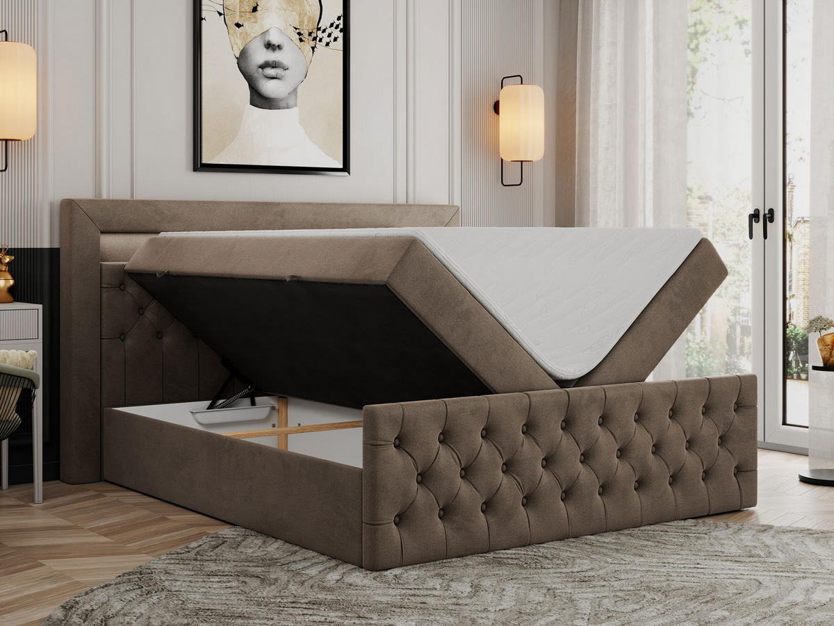 BOXBETT GOLD-9 LED 160/200 Braun Velvet - H3 - Braun, Holz/Textil (160/200cm) - MKS