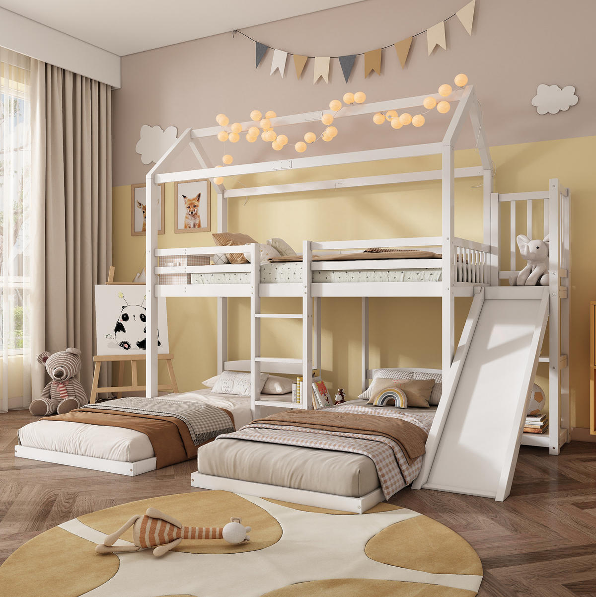 ETAGENBETT 90/200 cm in Weiß mit Rutsche und Dachdesign - Weiß, Holz (90/200cm) - OKMYHOME
