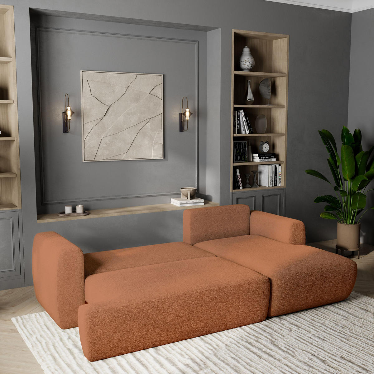 ECKSOFA SENTI N R-S Orange Boucle-Stoff mit Schlaffunktion - Orange, Holz (246/148cm) - MASSENO