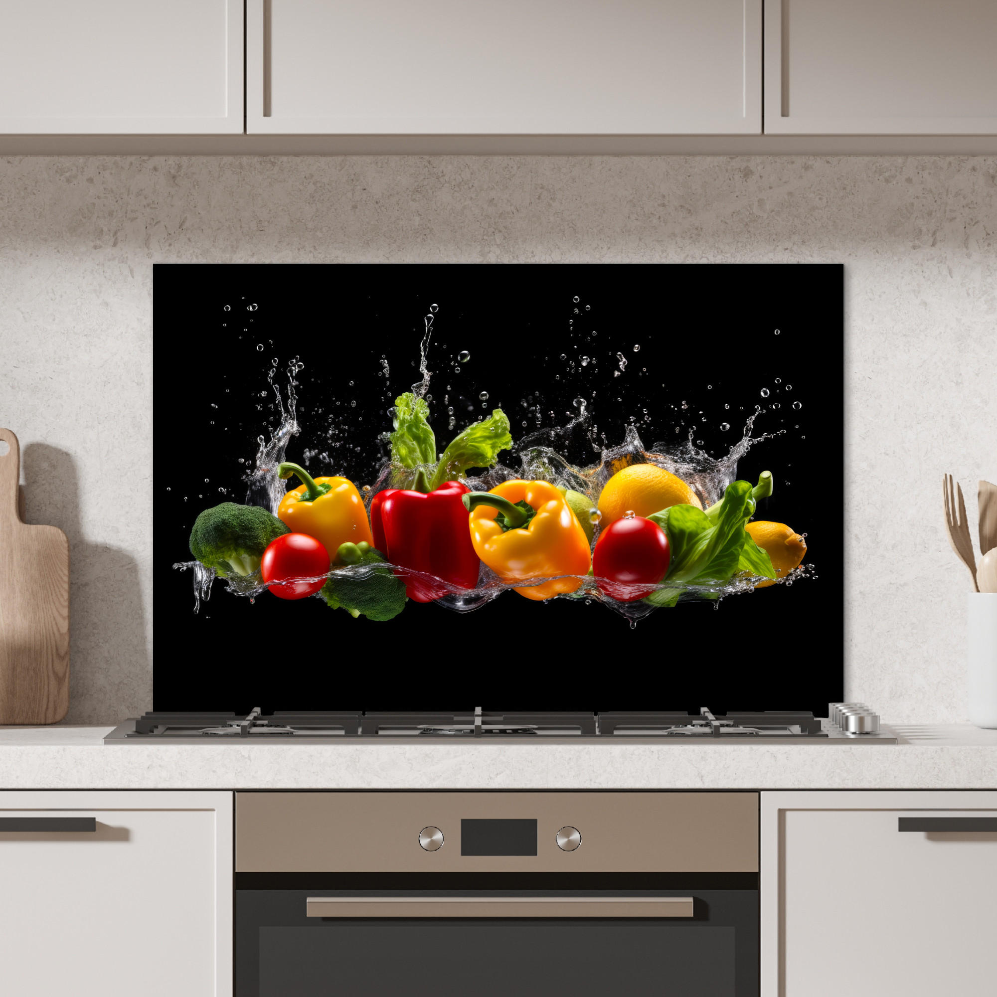 SPRITZSCHUTZ KÜCHE Paprika - Wasser - Gemüse - Schwarz 80x55 cm - Multicolor, Metall (80/0.3/55cm) - MuchoWow