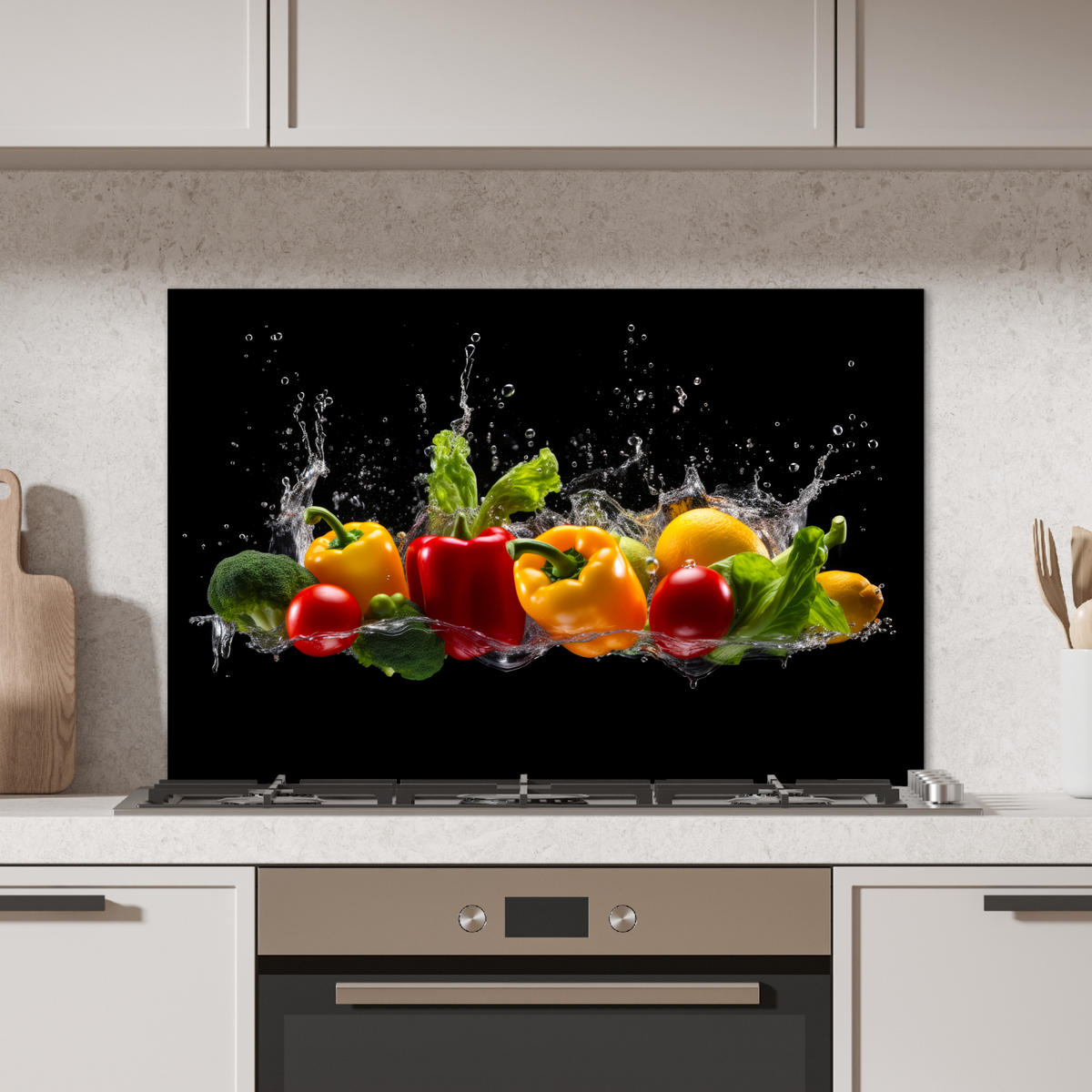 SPRITZSCHUTZ KÜCHE Paprika - Wasser - Gemüse - Schwarz 90x60 cm - Multicolor, Metall (90/0.3/60cm) - MuchoWow