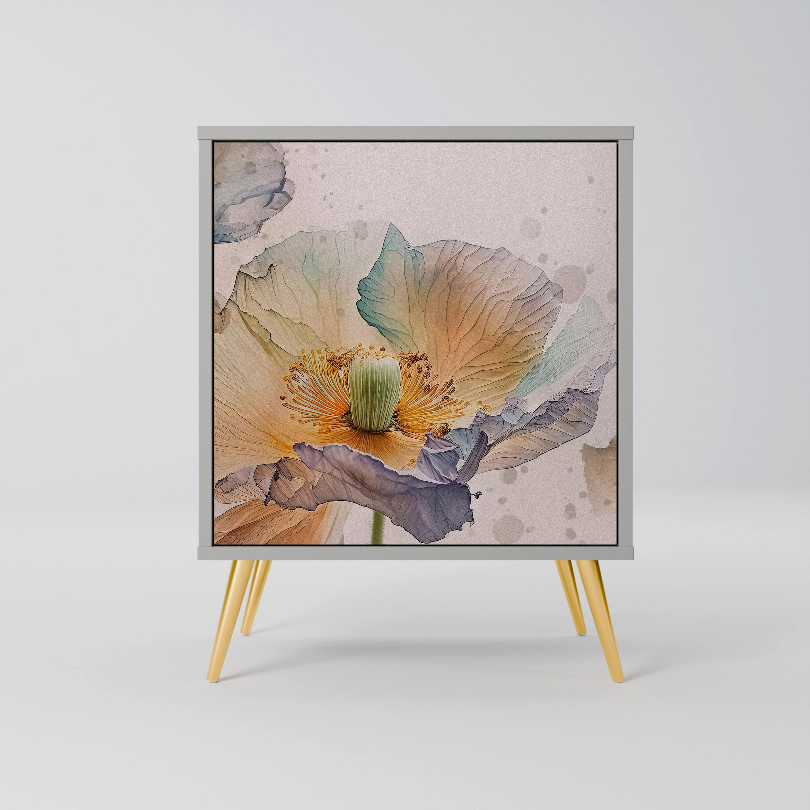 SIDEBOARD SOFTEN POPPY, Grau, 57,5x42x75,5 cm, Goldfarbene Metallfüße - Goldfarben/Multicolor, Holzwerkstoff/Metall (57.5/75.5/42cm) - SpaceRebels