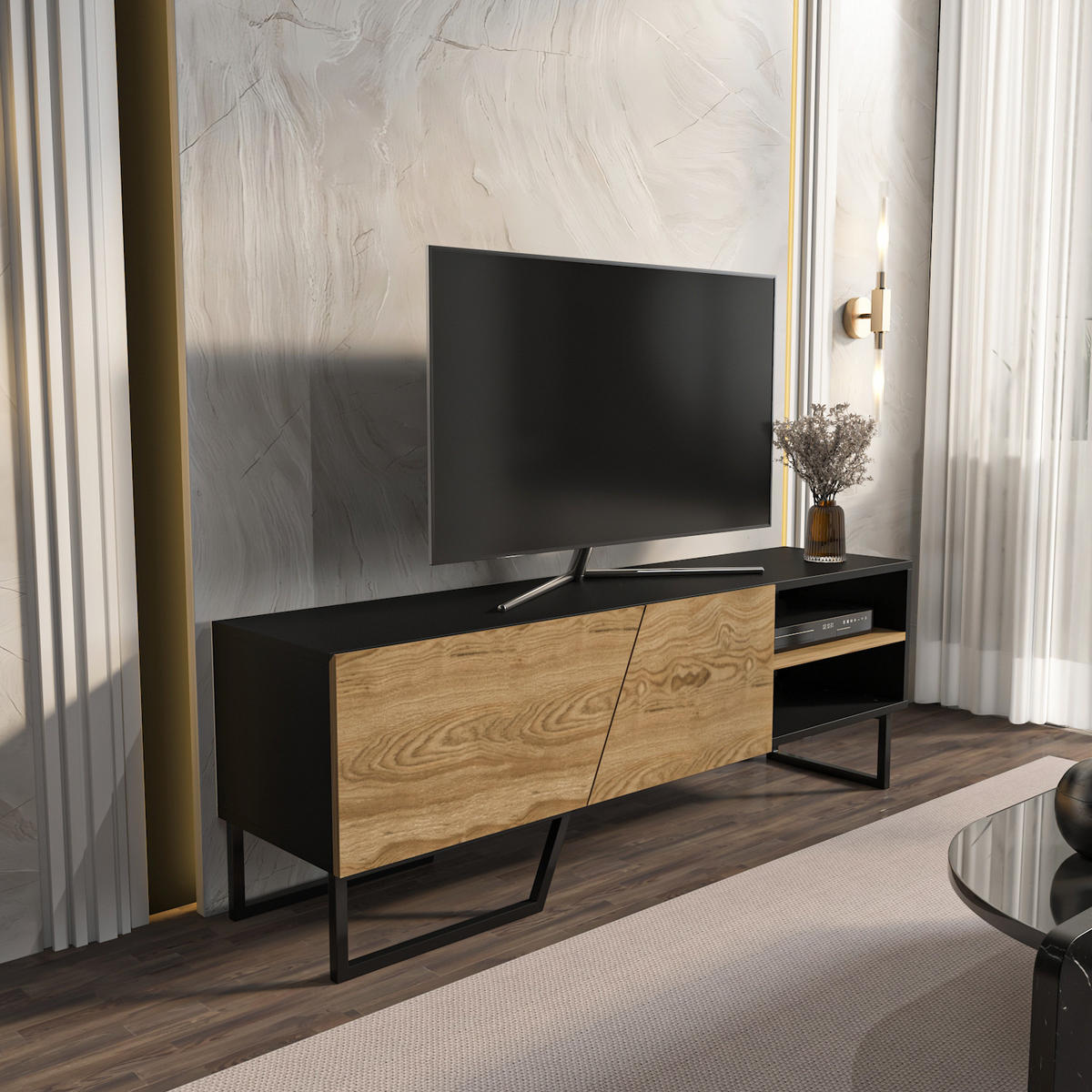 TV-ELEMENT Denasse Schwarz Braun - Eichefarben/Schwarz, Holzwerkstoff (150/50.5/35cm) - Decorotika