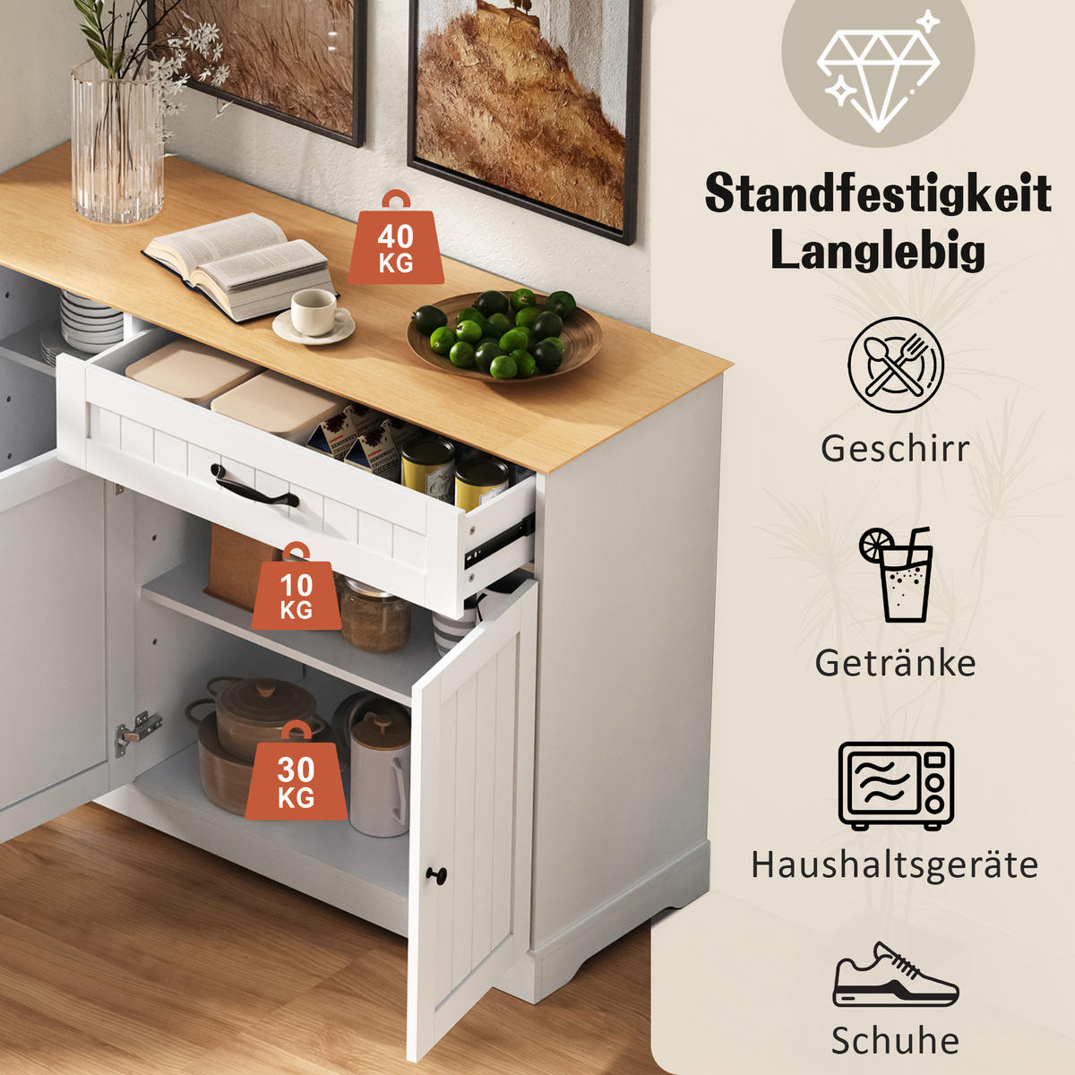 SIDEBOARD in Weiß & Natur mit 3 Türen & Schublade - Weiß Hochglanz, Holzwerkstoff (107/83/40cm) - Urban Meuble
