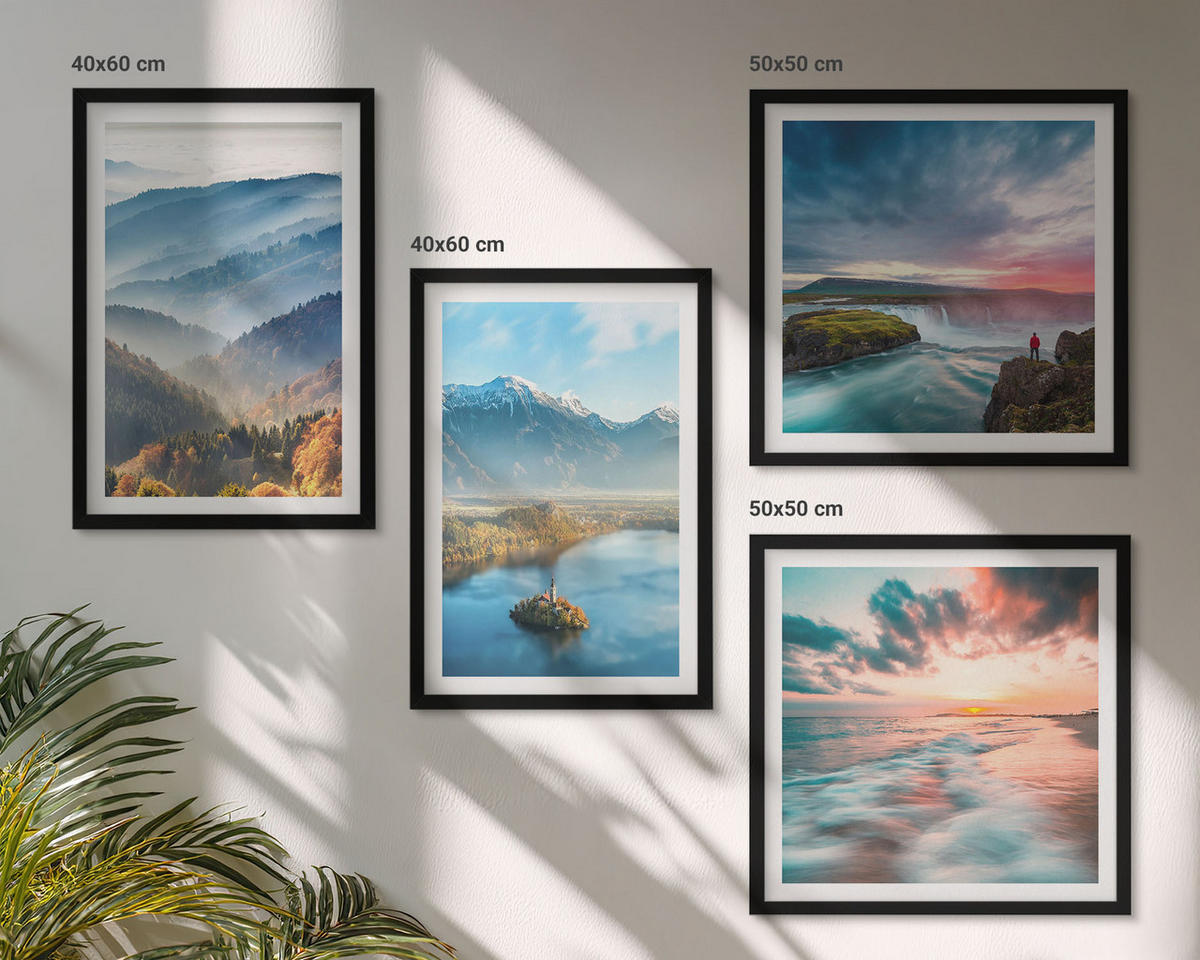 BILDER SET 4er Set - 50x50 cm & 40x60 cm Schwarzer Rahmen - Berglandschaften, Wasserfälle - Schwarz, Kunststoff (50/50cm) - TULUP