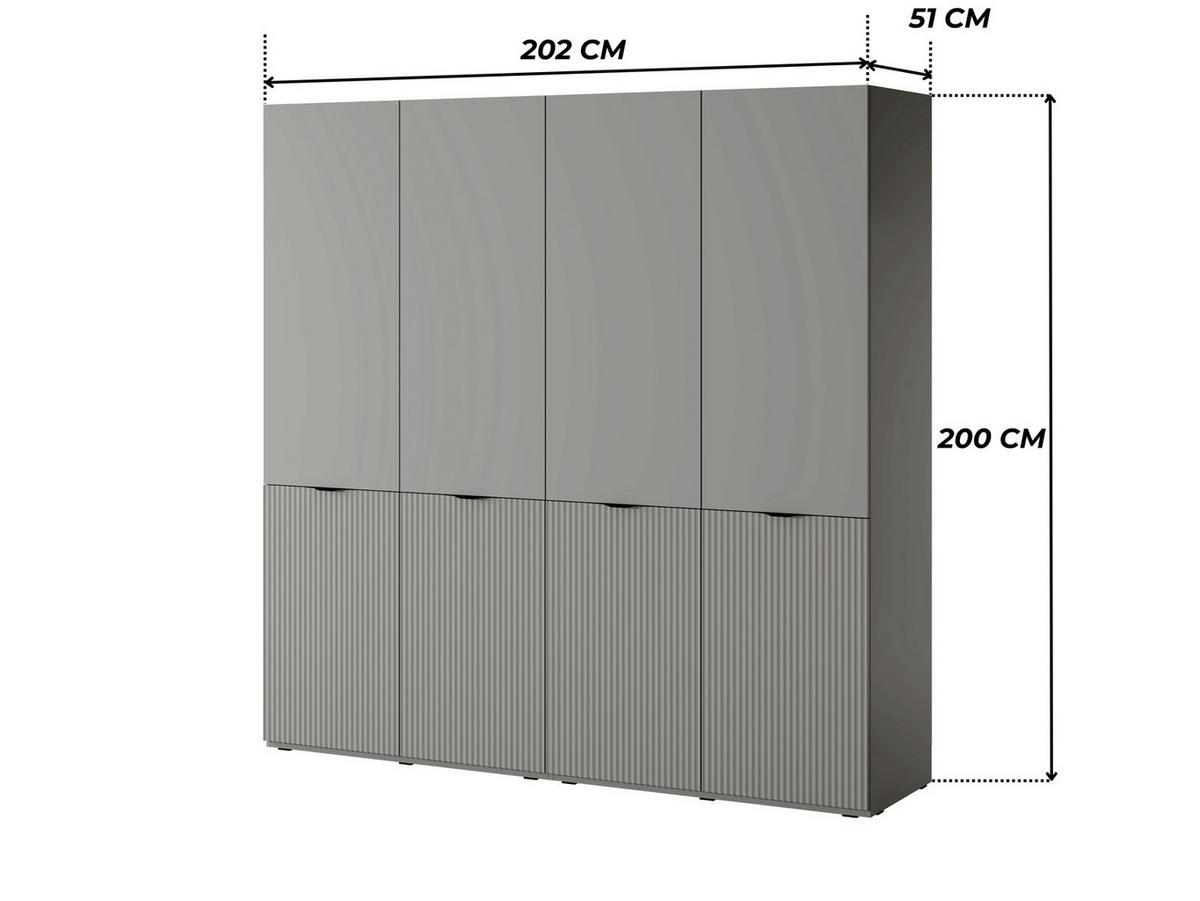 KLEIDERSCHRANK ZEN (Modular, Grau Matt, Rillenfront, 4-türig) - Schwarz/Grau, Holz/Holzwerkstoff (202/200/51cm) - Ravio
