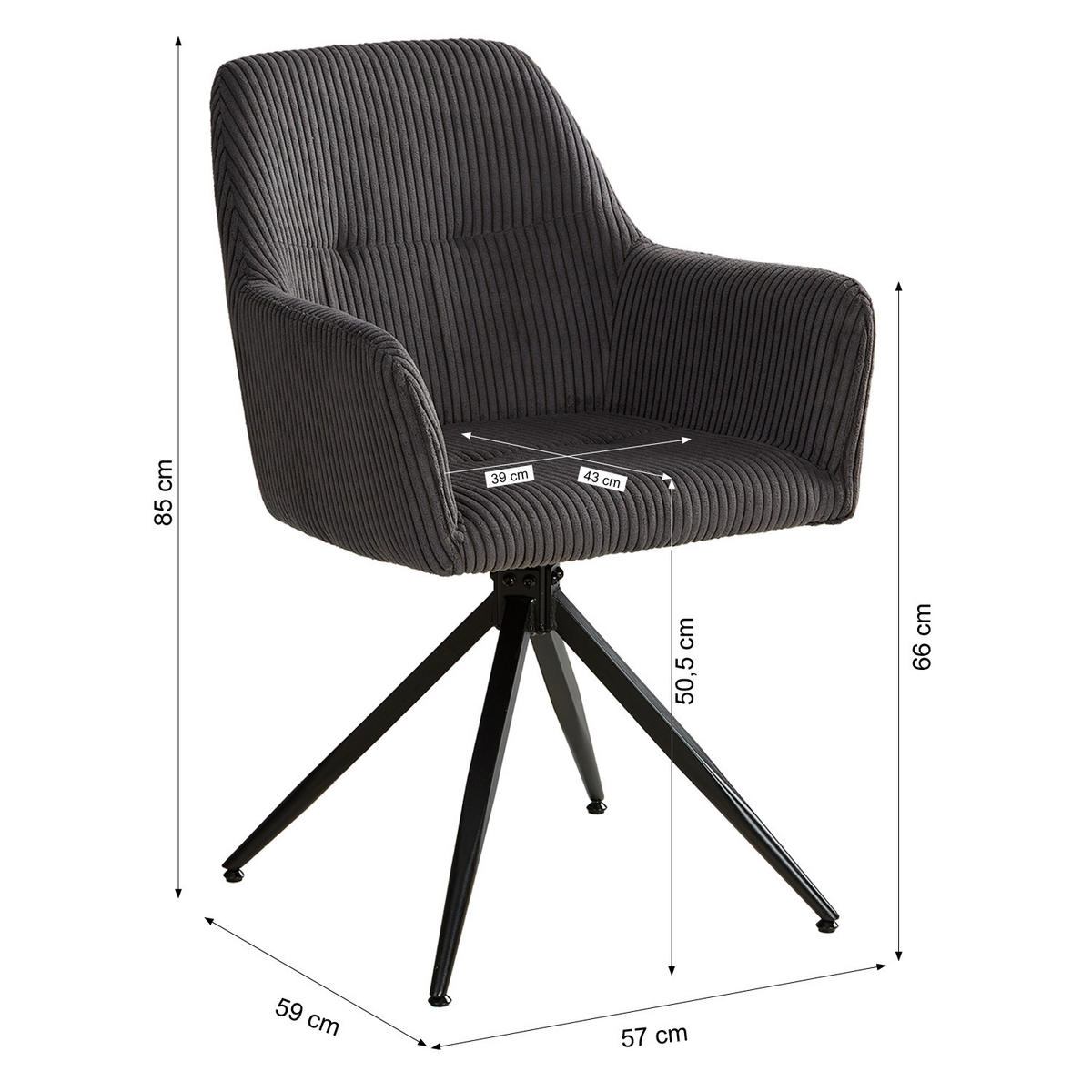 ARMLEHNENSTUHL 2 Stück in Cord drehbar Grau - Schwarz/Grau, Textil (114/85/59cm) - Homestyle4u