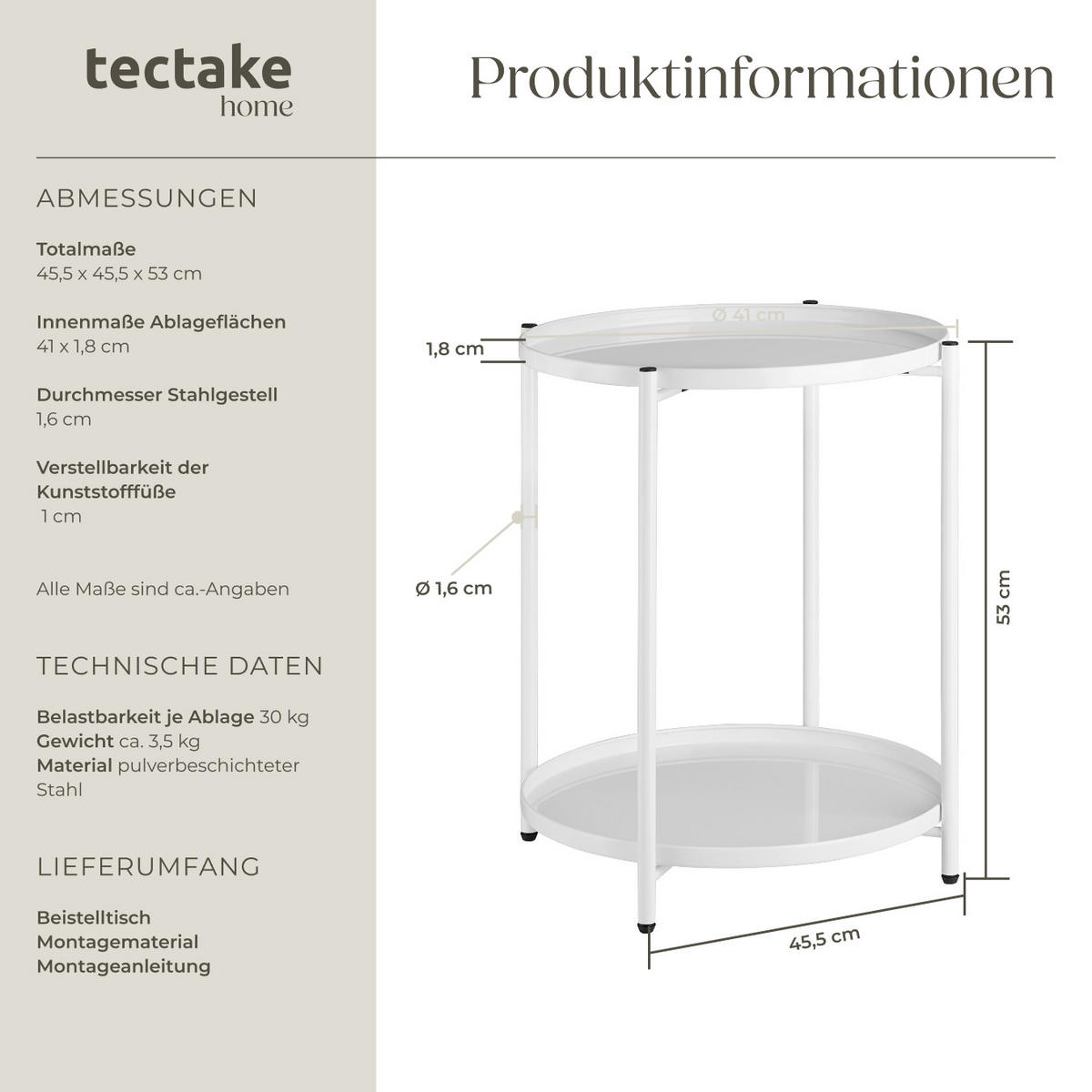 BEISTELLTISCH Oxford,45,5 x 45,5 x 53 cm,weiß - Weiß, Metall (45.5/45.5/53cm) - tectake