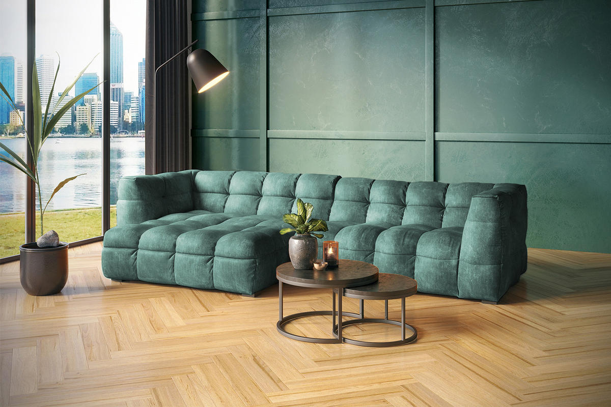 ECKSOFA RIO Petrol Velvet - Petrol/Schwarz, Textil (319/170cm) - KAWOLA