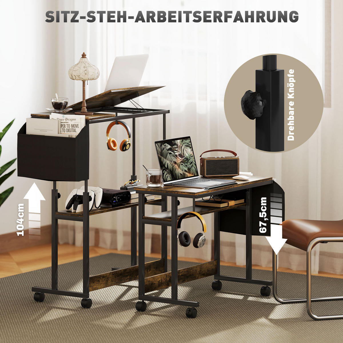 HÖHENVERSTELLBAR SCHREIBTISCH 92 x 40 cm, mit Rollen, Braun - Braun, Metall (40/92/104cm) - HOMCOM