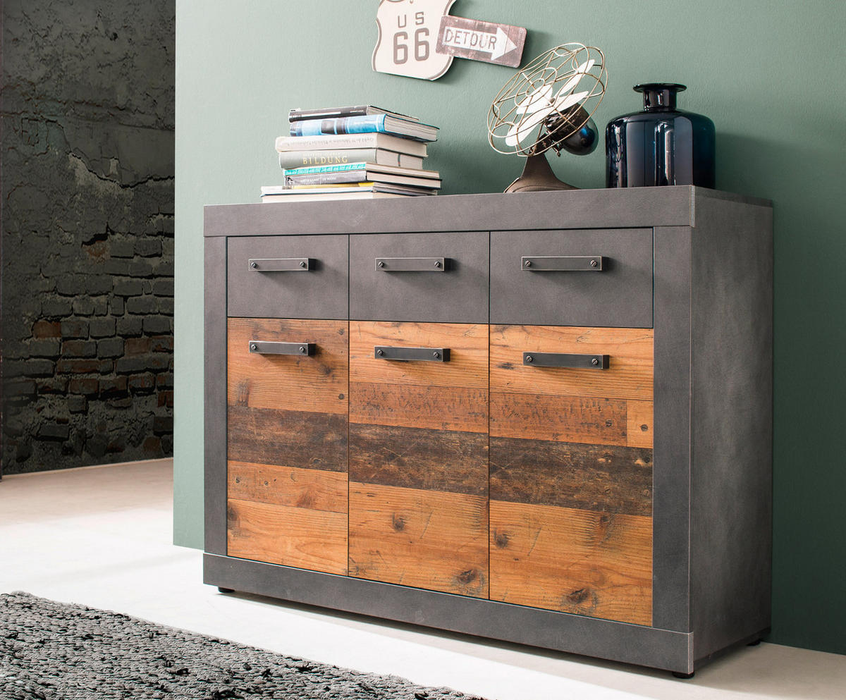 SIDEBOARD Used Wood Altholz Design mit Grau 117 cm, Kommode mit viel Stauraum - Silberfarben/Schwarz, Holzwerkstoff/Kunststoff (117/86/37cm) - Top.Furn