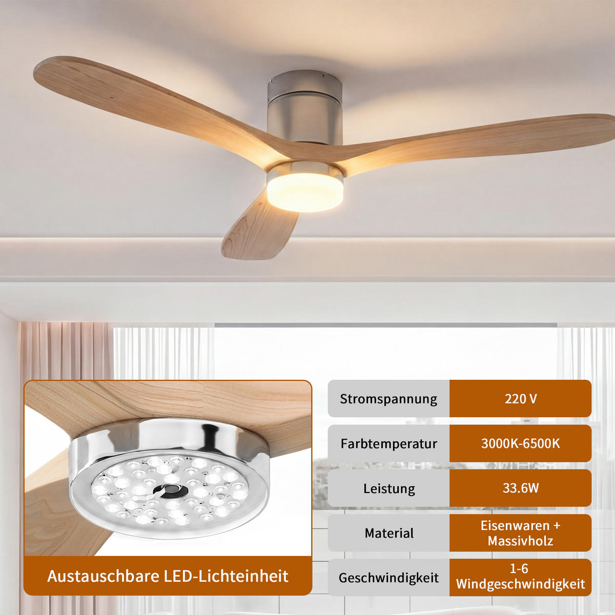DECKENVENTILATOR mit LED-Licht, 132 cm, Holzflügel, 6 Stufen & Timer - Naturfarben, Metall (132/132/28cm) - EuroLiving