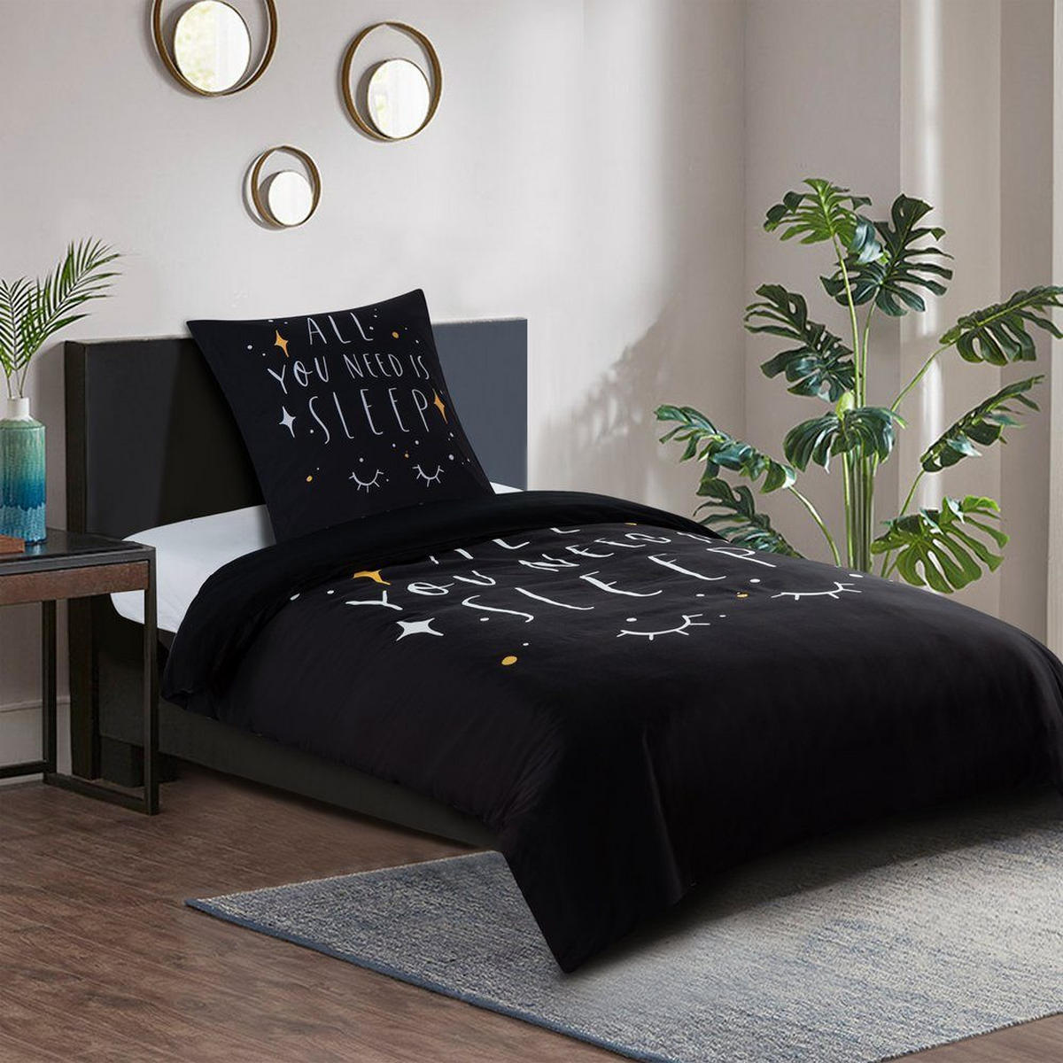 BETTWÄSCHE 4-teilig All You Need is Sleep - Schwarz, Naturmaterialien (135/200cm) - Sanilo