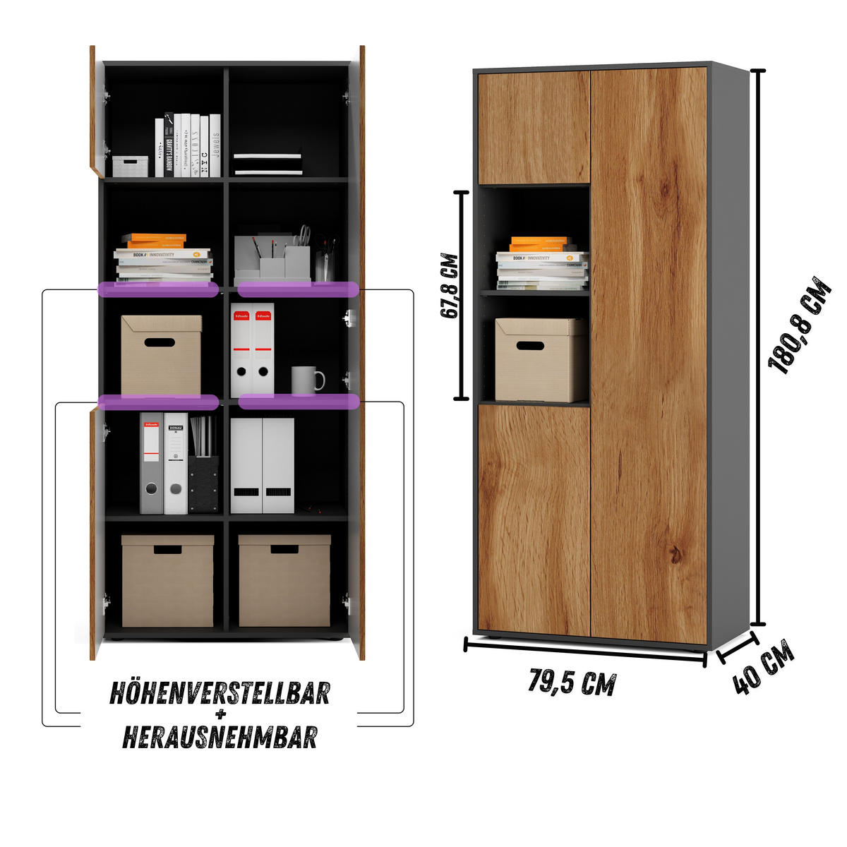 AKTENSCHRANK Amira T20 Eiche Wotan 180/80/40 cm - Eiche Wotan, Holzwerkstoff (80/180/40cm) - SIMPLYFURN