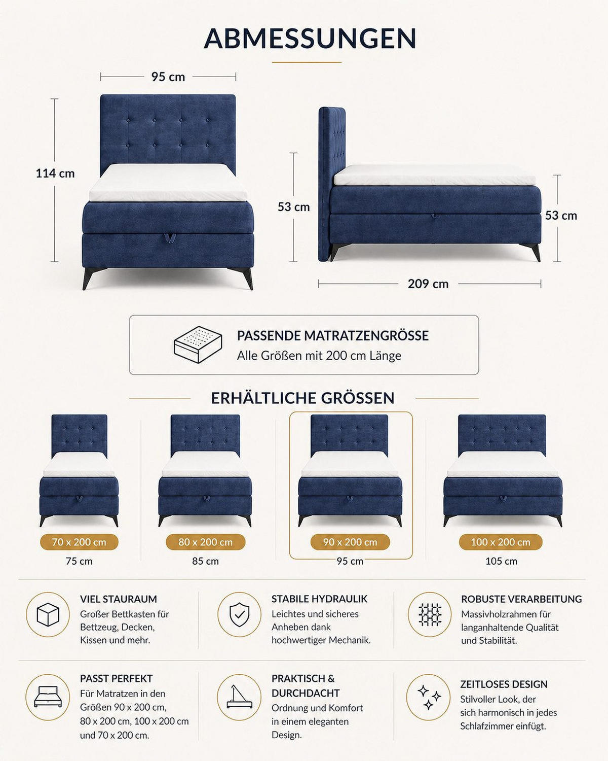 BOXBETT K15 Single SLIM mit Bettkasten & Bonell-Federkern ohne Topper - Dunkelblau, Holz/Textil (200/90cm) - Best For Home