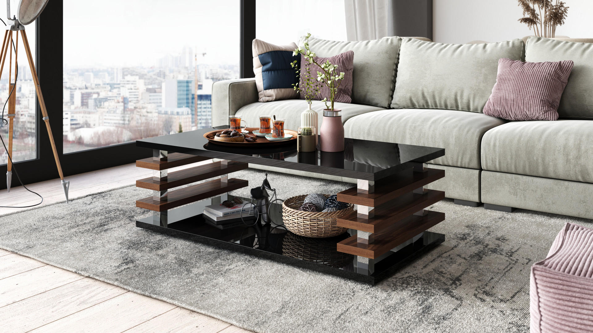 COUCHTISCH rechteckig Schwarz Hochglanz - Nussbaum Ablage 120/40/60 cm - Schwarz Hochglanz/Nussbaumfarben, Holzwerkstoff (60/120/40cm) - designimpex