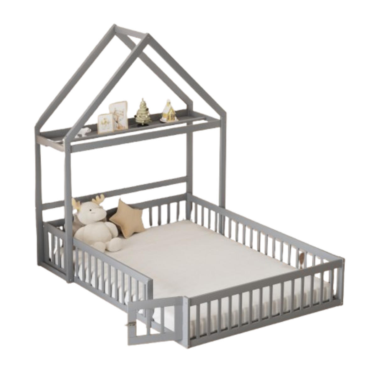 HAUSBETT 140/200 cm grau mit Stauraum und Vollschutzgitter - Grau, Holz (140/200cm) - OKWISH