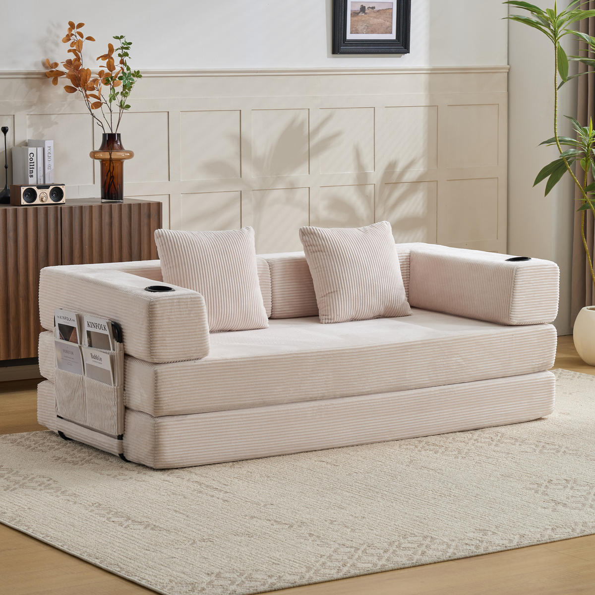 SCHLAFSOFA DE-33515 faltbar mit Becherhalter Weiß - Weiß, Textil (185/60/92.5cm) - ComfortXL