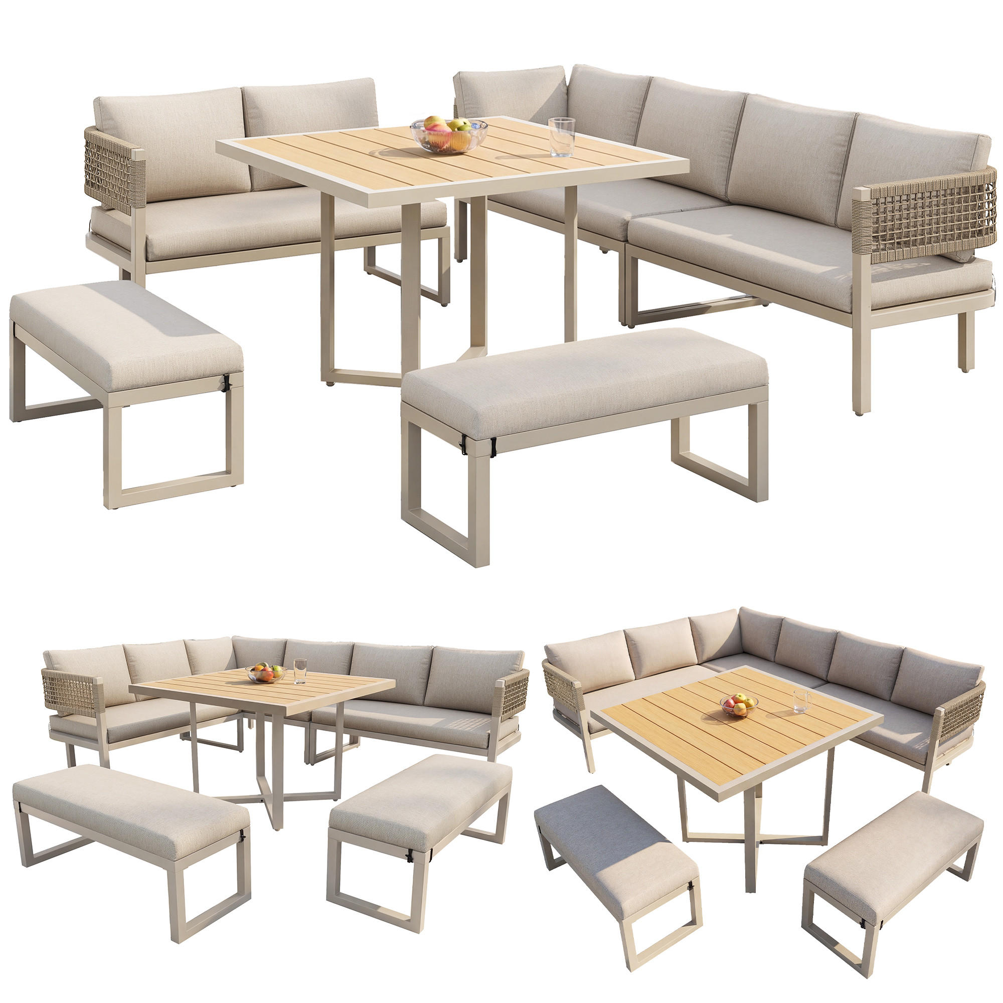 GARTENLOUNGE 8-10 Personen Sofa Tisch Kunststoffholz Seil Kissen - Beige, Metall - FLIEKS