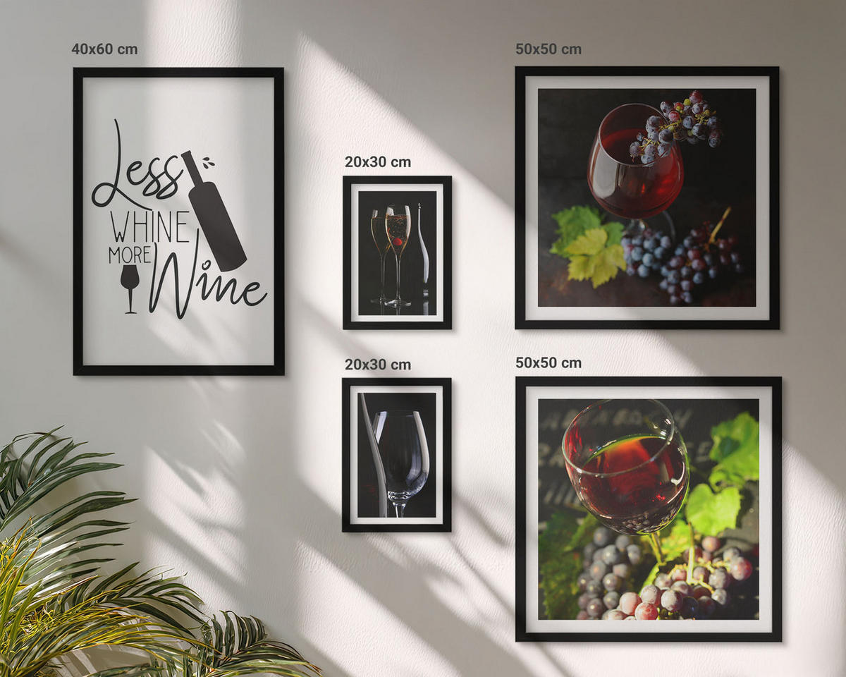 WANDBILDER 5er-Set - 50x50 cm & 20x30 cm & 40x60 cm Schwarzer Rahmen - Weingläser mit Trauben und Inschrift - Schwarz, Kunststoff (40/60cm) - ArtPrintCave