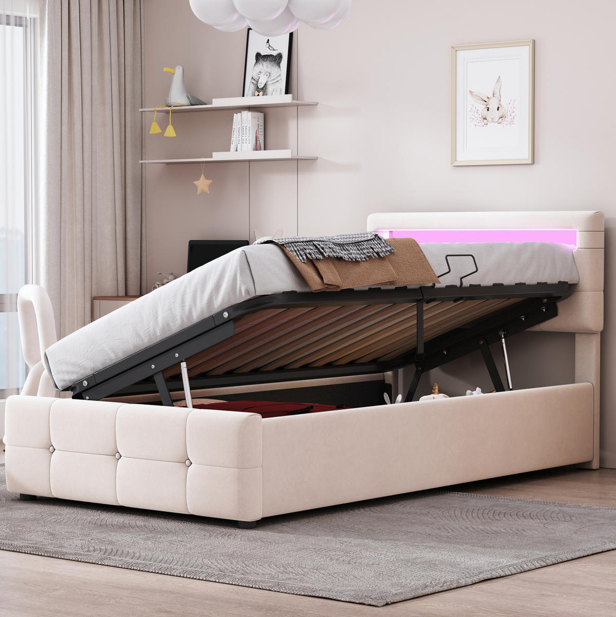 SAMT-POLSTERBETT 90/200 cm mit Bettkasten & LED-Beleuchtung, höhenverstellbares Kopfteil - Beige, Textil (90/200cm) - BEAOK