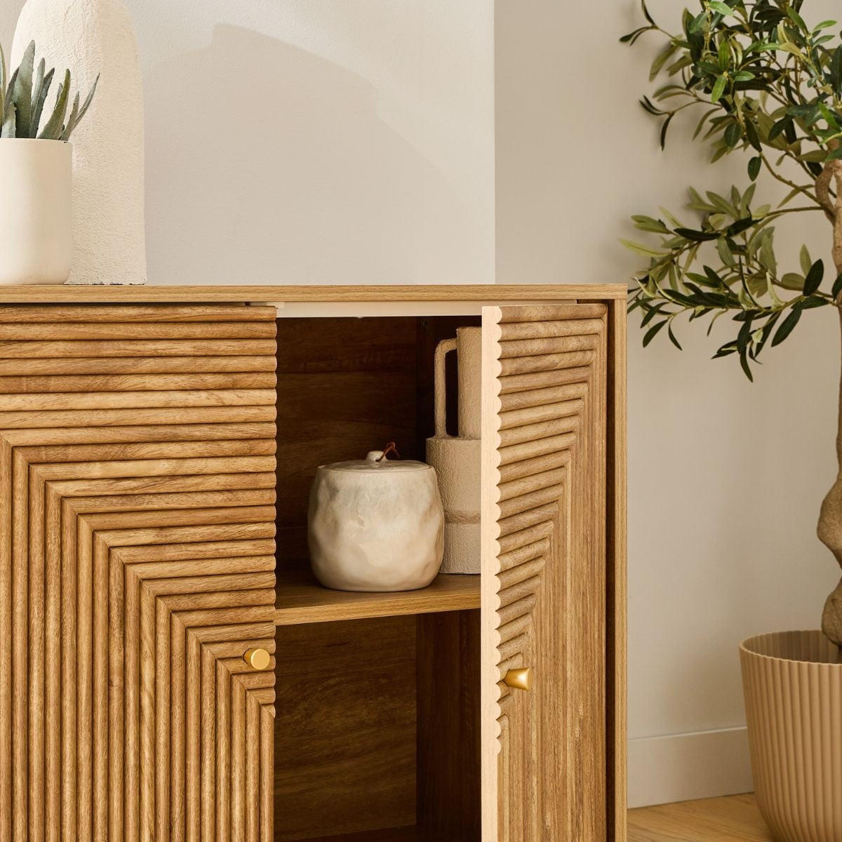 SIDEBOARD 2 Türen in Lamellenoptik in L-Form Eden 80/39/75 cm - Eschefarben, Holzwerkstoff (39/75/47cm) - Calicosy