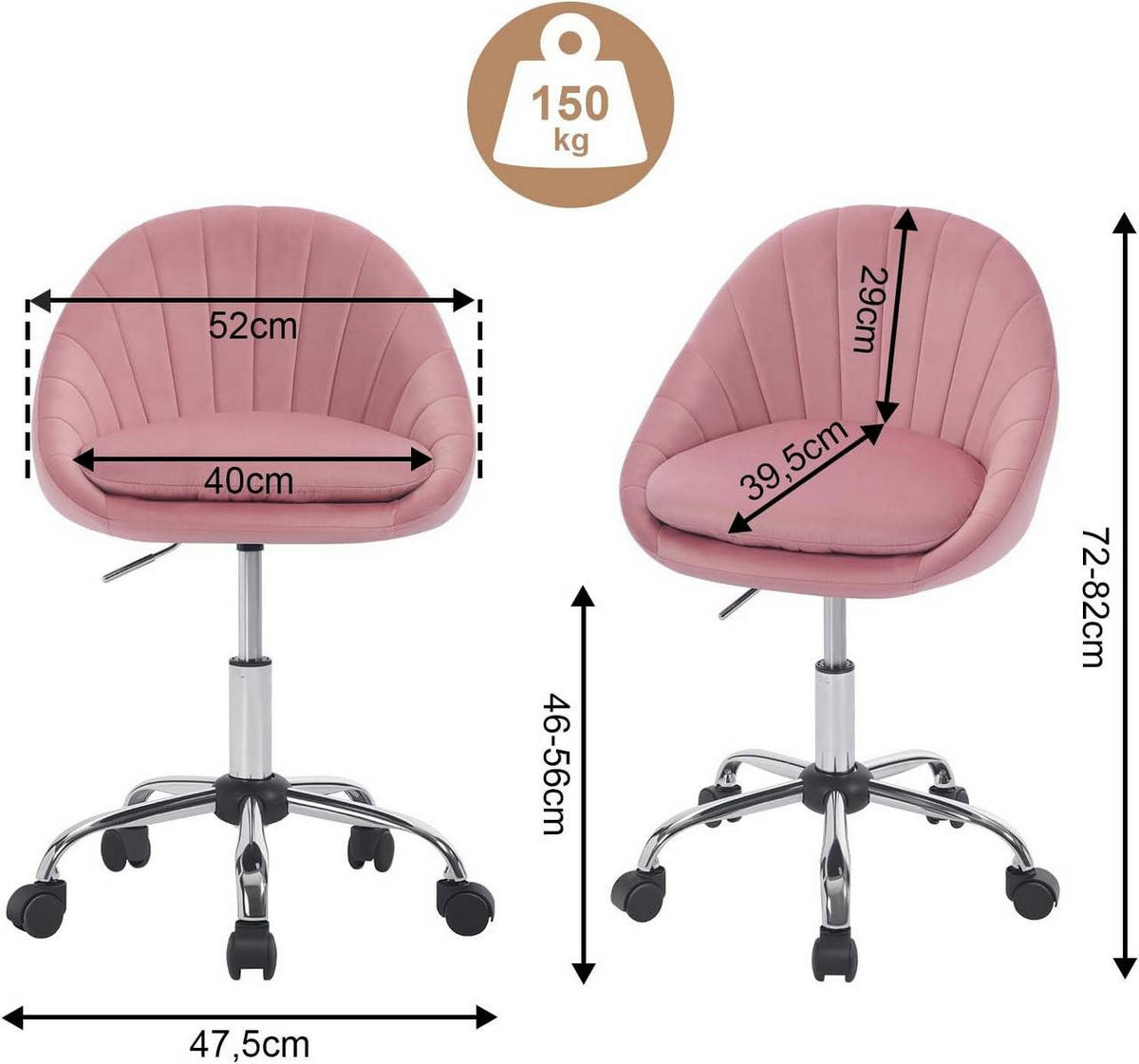 DREHSTUHL ergonomisch, Schminkstuhl, Samt, Rosa - Schwarz/Rosa, Textil/Metall (52/72/48cm) - Woltu
