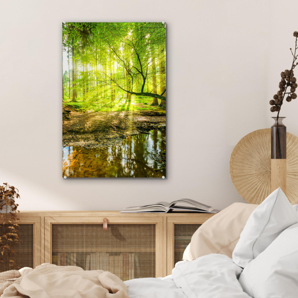 ACRYLGLASBILD Wald - Landschaft - Wasser - Bäume - Sonne - Grün - Natur 40x60 cm - Grün, Glas (40/60cm) - MuchoWow