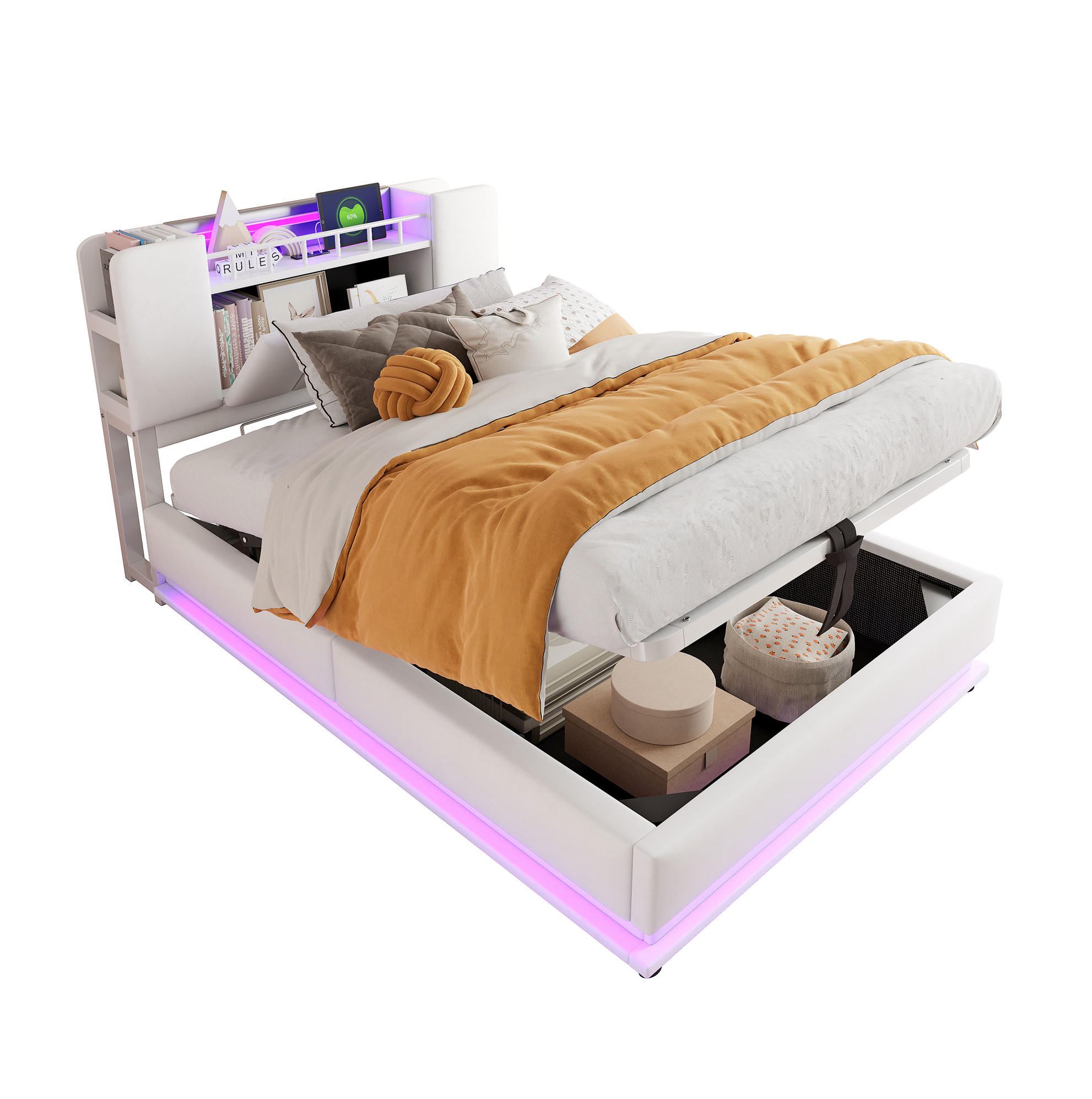 POLSTERBETT 90/200 cm Beige mit Stauraum mit LED-Beleuchtung und USB- und Type-C-Anschlüssen Samtbezug - Beige, Textil (90/200cm) - OKWISH