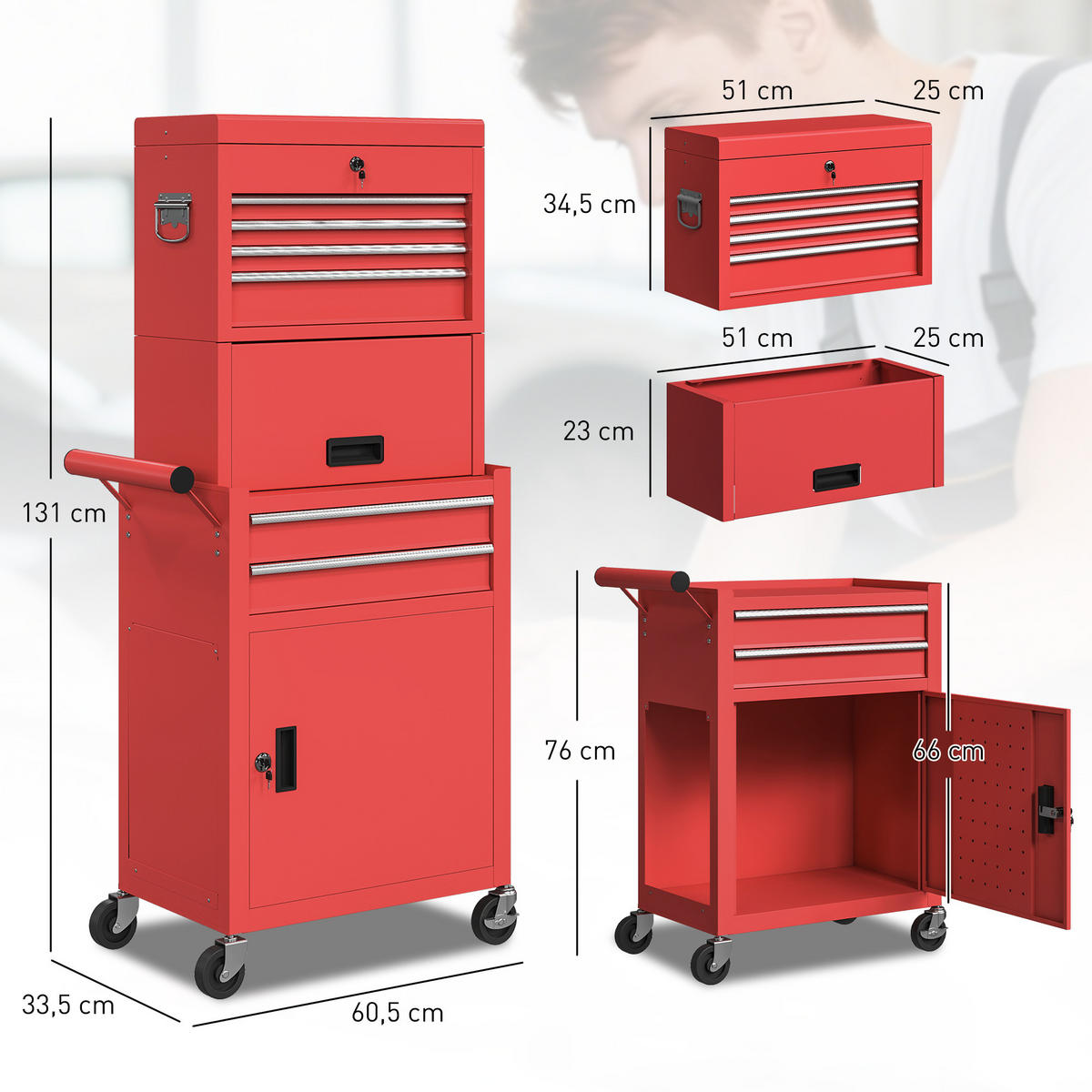 WERKSTATTWAGEN Stahl Rot - Rot, Metall (33.5/131/60.5cm) - HOMCOM