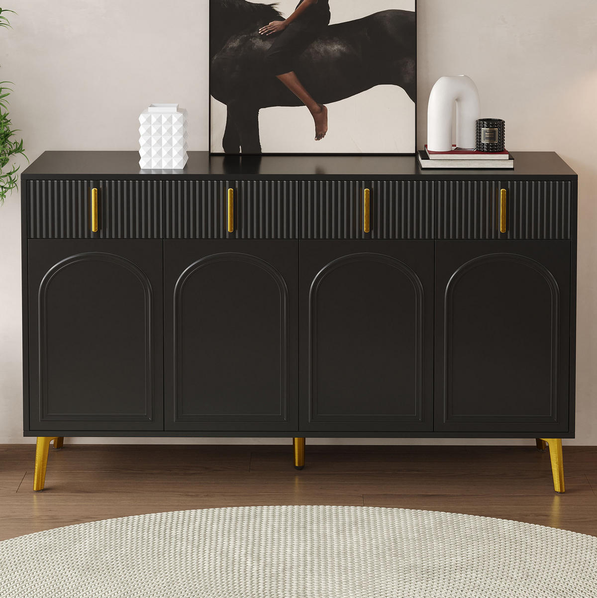 SIDEBOARD 140/38/82 cm Schwarz aus MDF mit 4 Türen und 4 Schubladen - Schwarz, Holzwerkstoff (140/82/38cm) - OKWISH