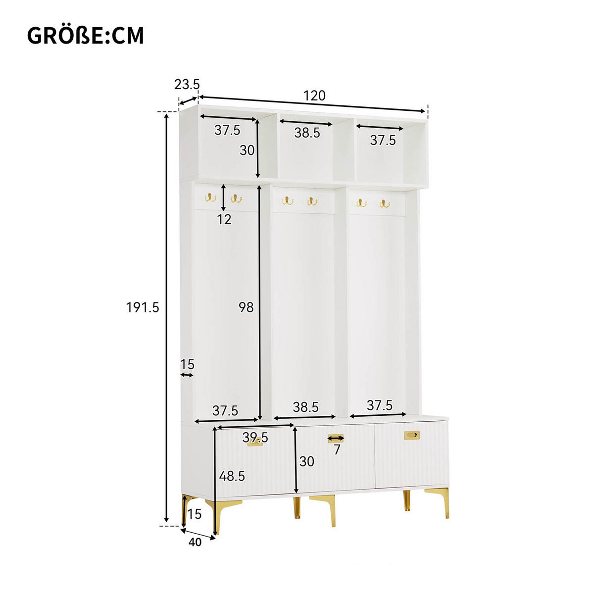 FLUR-SET mit Aufbewahrungsbank, 6 Goldhaken und -beinen, weiß - Weiß, Holzwerkstoff (40/191/120cm) - Meubles Cosy
