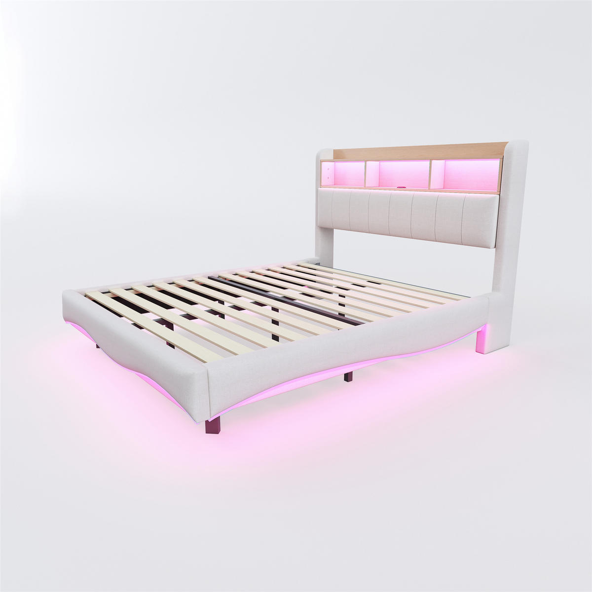 POLSTERBETT 160/200 cm aus Leinenstoff mit LED-Beleuchtung und USB- und Type-C-Anschlüssen beige - Beige, Textil (160/200cm) - OKWISH