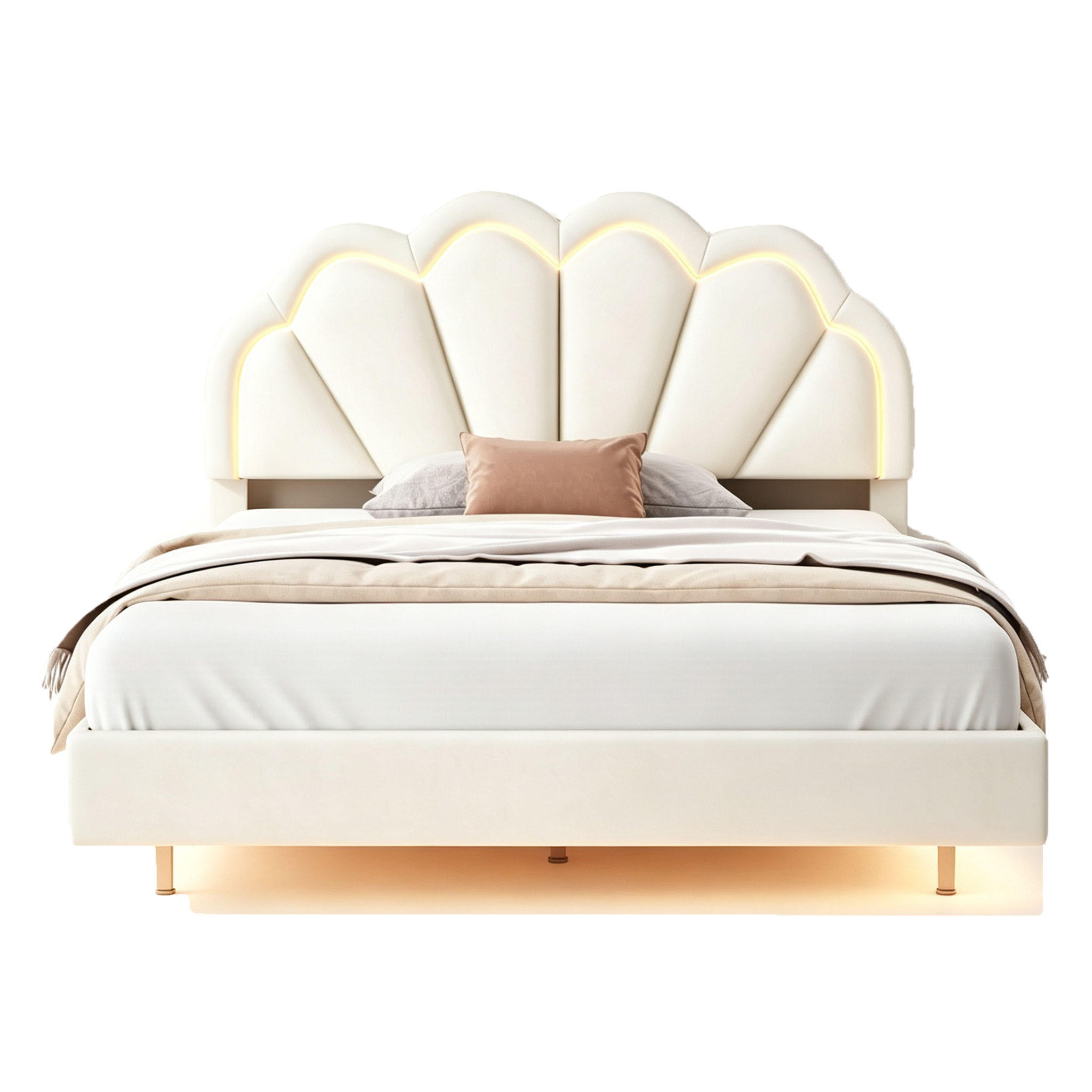 KINDERBETT Polsterbett 140x200cm, doppelbett mit lattenrost und Blumen rückenlehne, Modernes Jugendbett, Beige - Beige, Holz/Holzwerkstoff (140/200cm) - BursDany