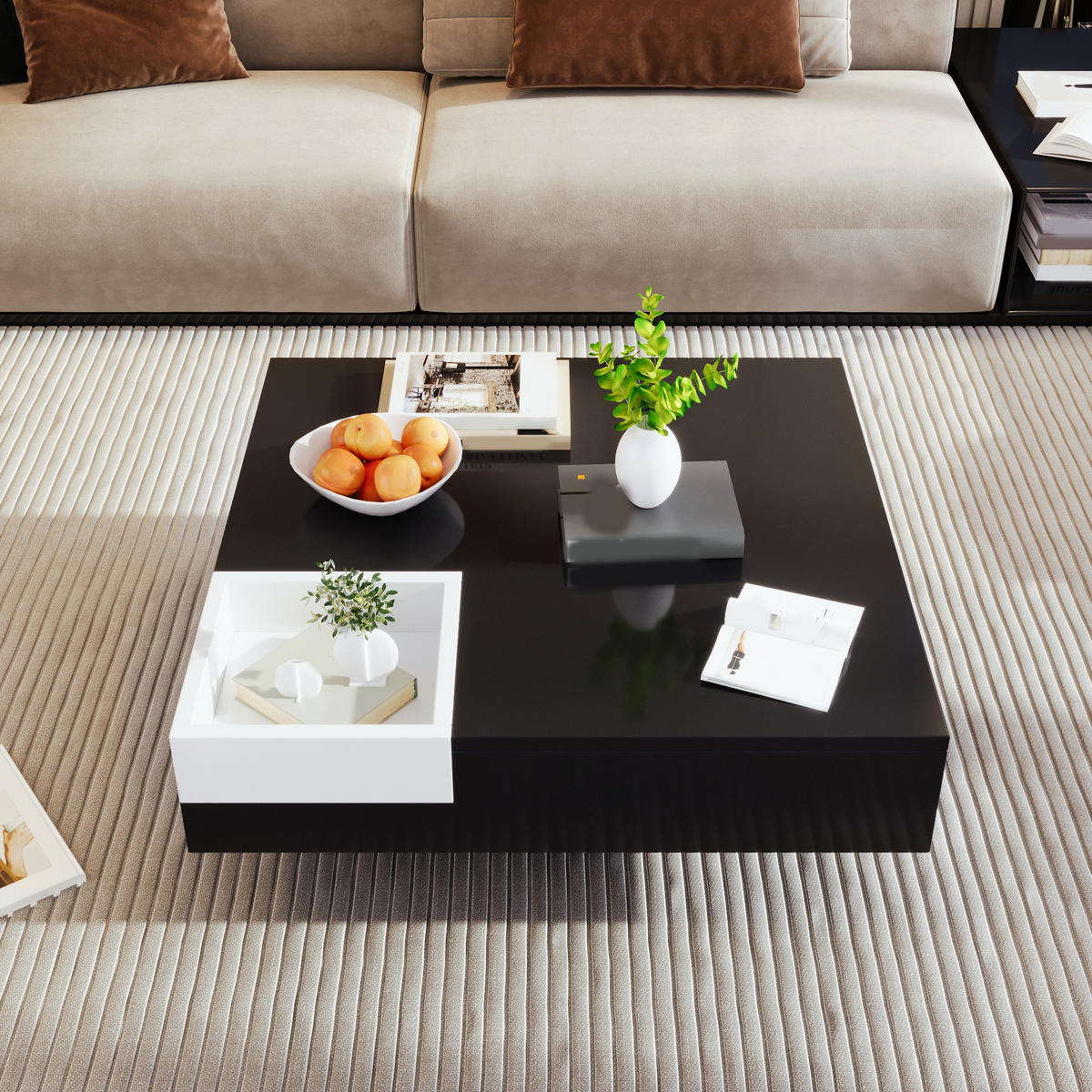 COUCHTISCH 72/72/30 cm Weiß Schwarz Hochglanz mit LED-Licht und Stauraum - Schwarz, Holzwerkstoff (72/72/30cm) - Korfee