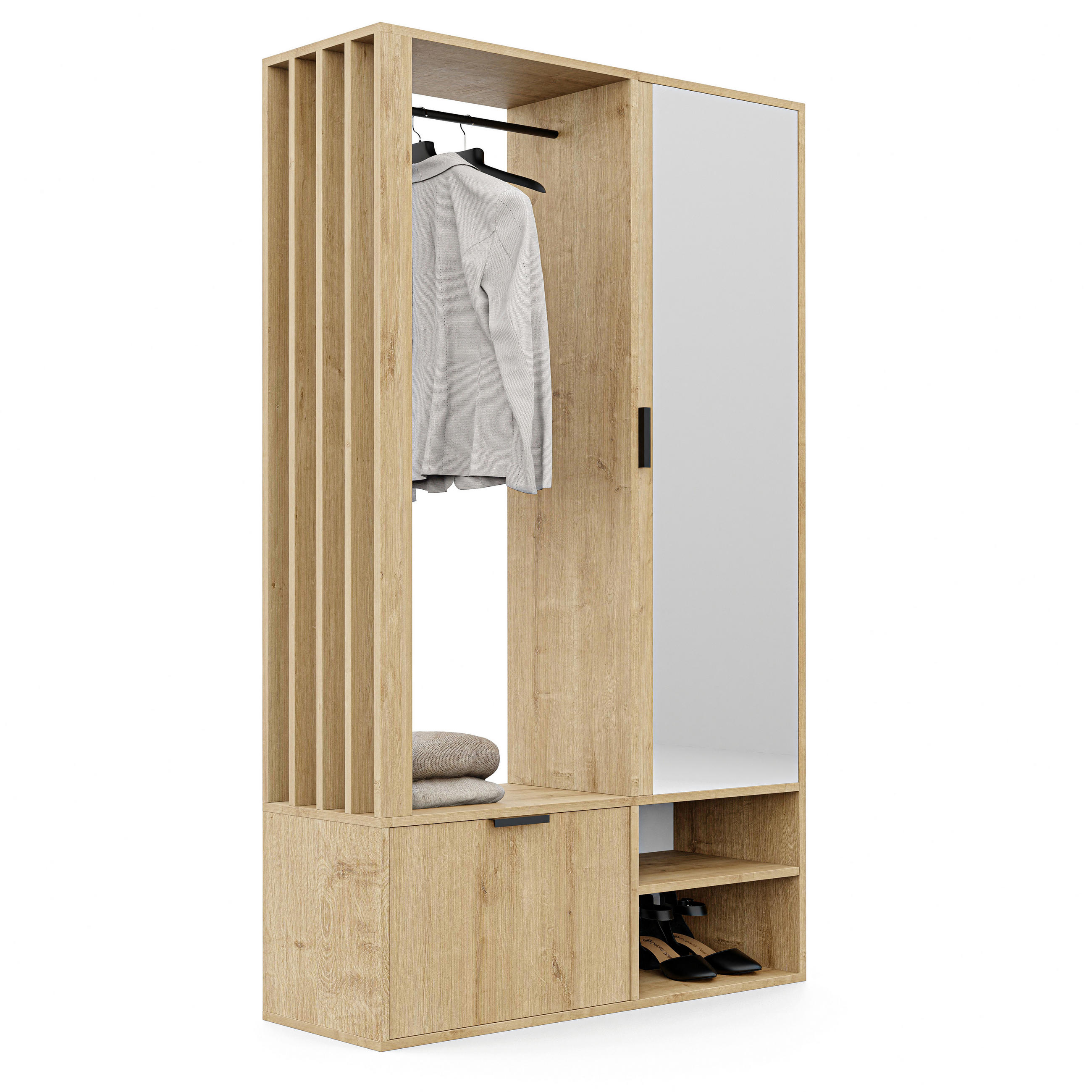 GARDEROBENSCHRANK mit Spiegel-mit Ablagen und Kleiderstange - Braun, Holzwerkstoff (100/190/33cm) - Idohome