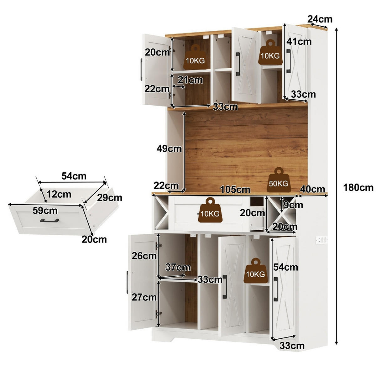 KÜCHENSCHRANK MIT RGB-LED-BELEUCHTUNG UND STECKDOSE Aus MDF Im Scheunentor-Design Für Esszimmer, 105/180/40 cm - Naturfarben, Kunststoff (40/180/105cm) - Rolipo