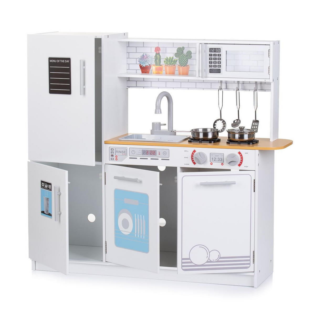 SPIELKÜCHE 80 cm weiß Holz, LED-Licht, Metalltöpfe, Waschmaschine, Mikrowelle, Spüle - Weiß, Holz (86/24/80cm) - Chipolino
