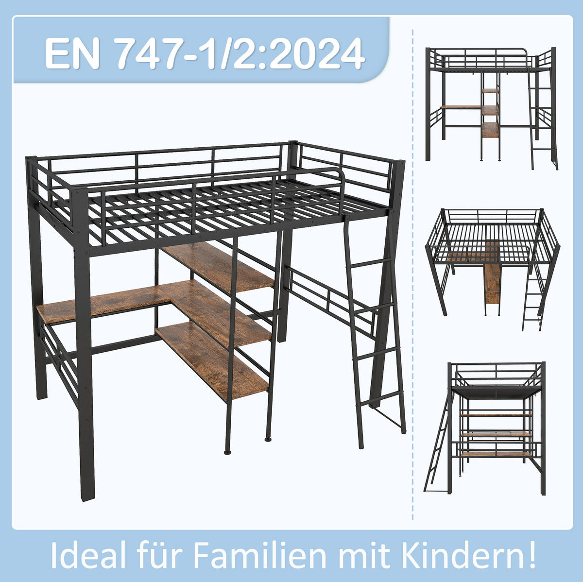 HOCHBETT 90/200 cm mit Schreibtisch, Regalen, Leiter und Rundum-Schutzgitter aus Metall, Schwarz - Schwarz, Metall (90/200cm) - Redom