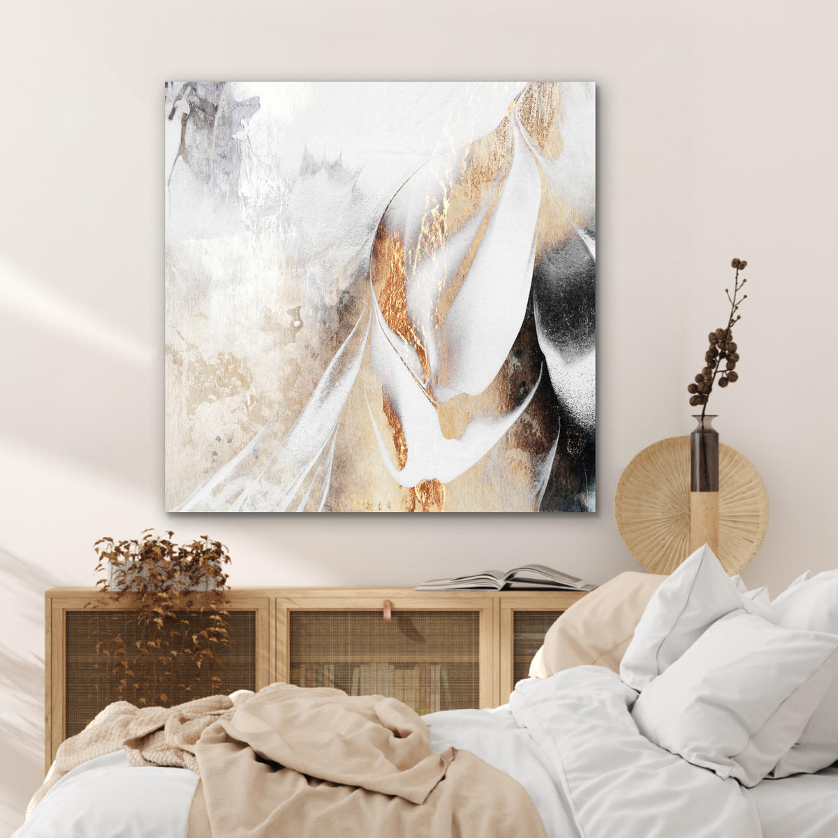 KOVOVÝ OBRAZ Luxusné - abstraktné - zlaté - biele 90x90 cm - zlatá, kov (90/90cm) - MuchoWow