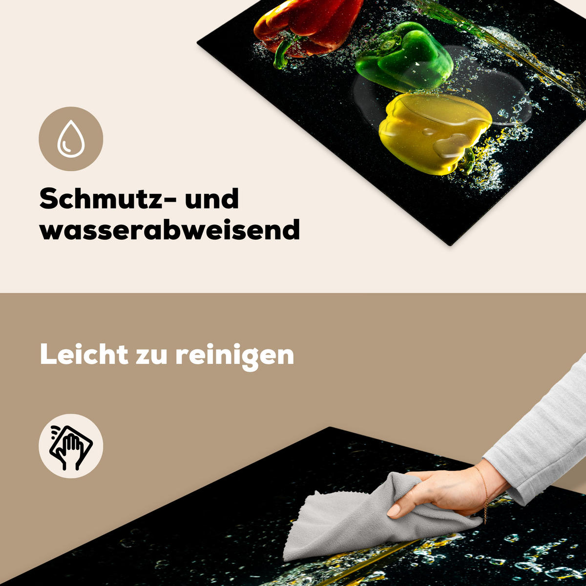 HERDABDECKPLATTE Paprika - Gemüse - Wasser - Schwarz - Rot - Grün - Gelb Herdabdeckung Induktionsfeld 65x52 cm - Multicolor, Kunststoff (65/52/0.2cm) - MuchoWow