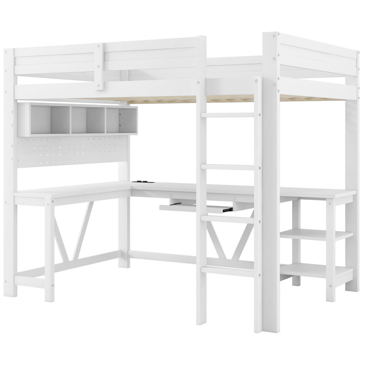 VYSOKÁ posteľ 90/200 cm biela z MDF a borovice s písacím stolom LED osvetlením a nabíjacou stanicou - biela, kompozitné drevo (90/200cm) - OKWISH
