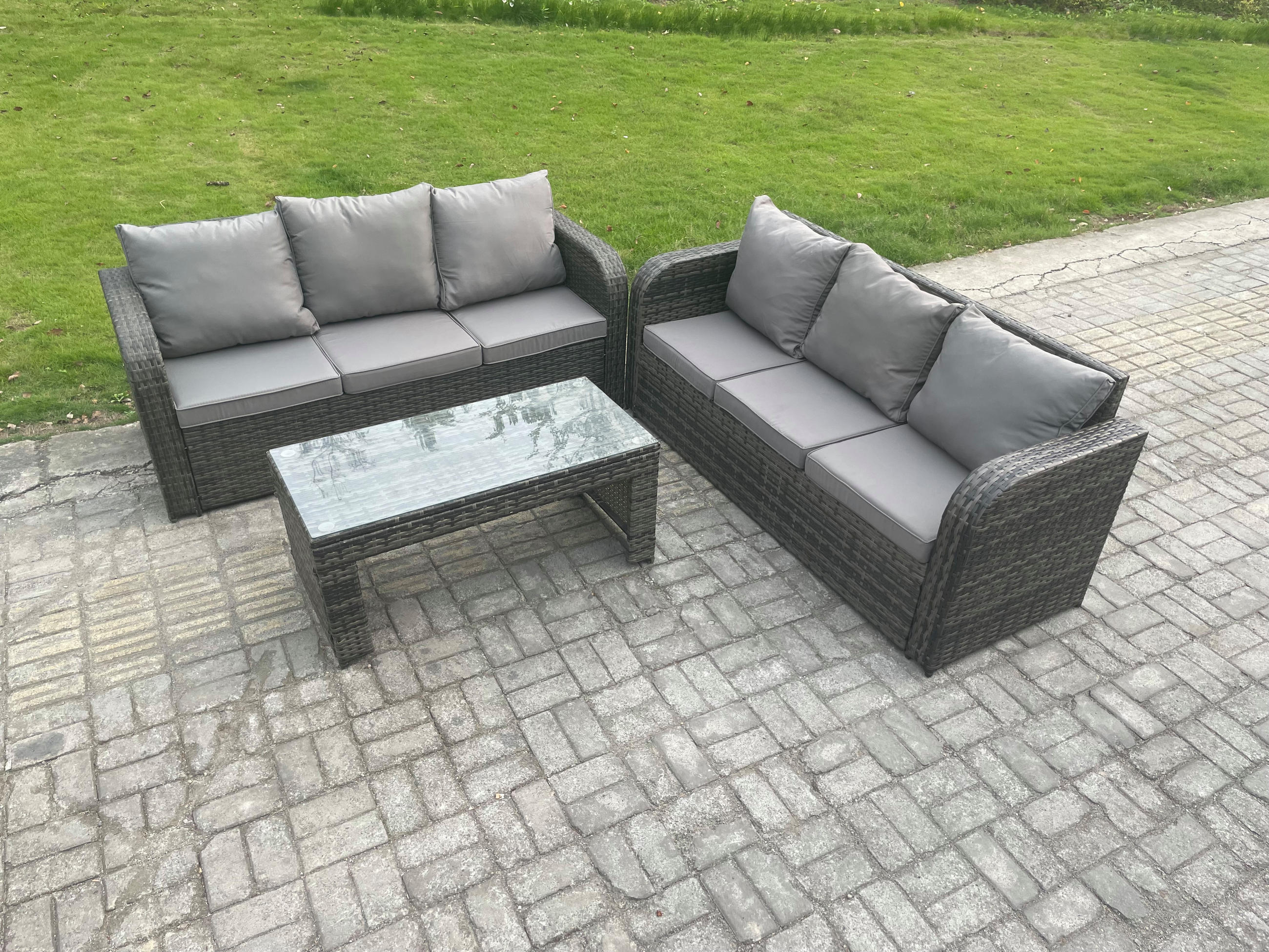 GARTENMÖBEL SET mit Sofa Polyrattan 6-Sitzer Dunkelgrau - Dunkelgrau/Grau, Glas/Kunststoff - Fimous