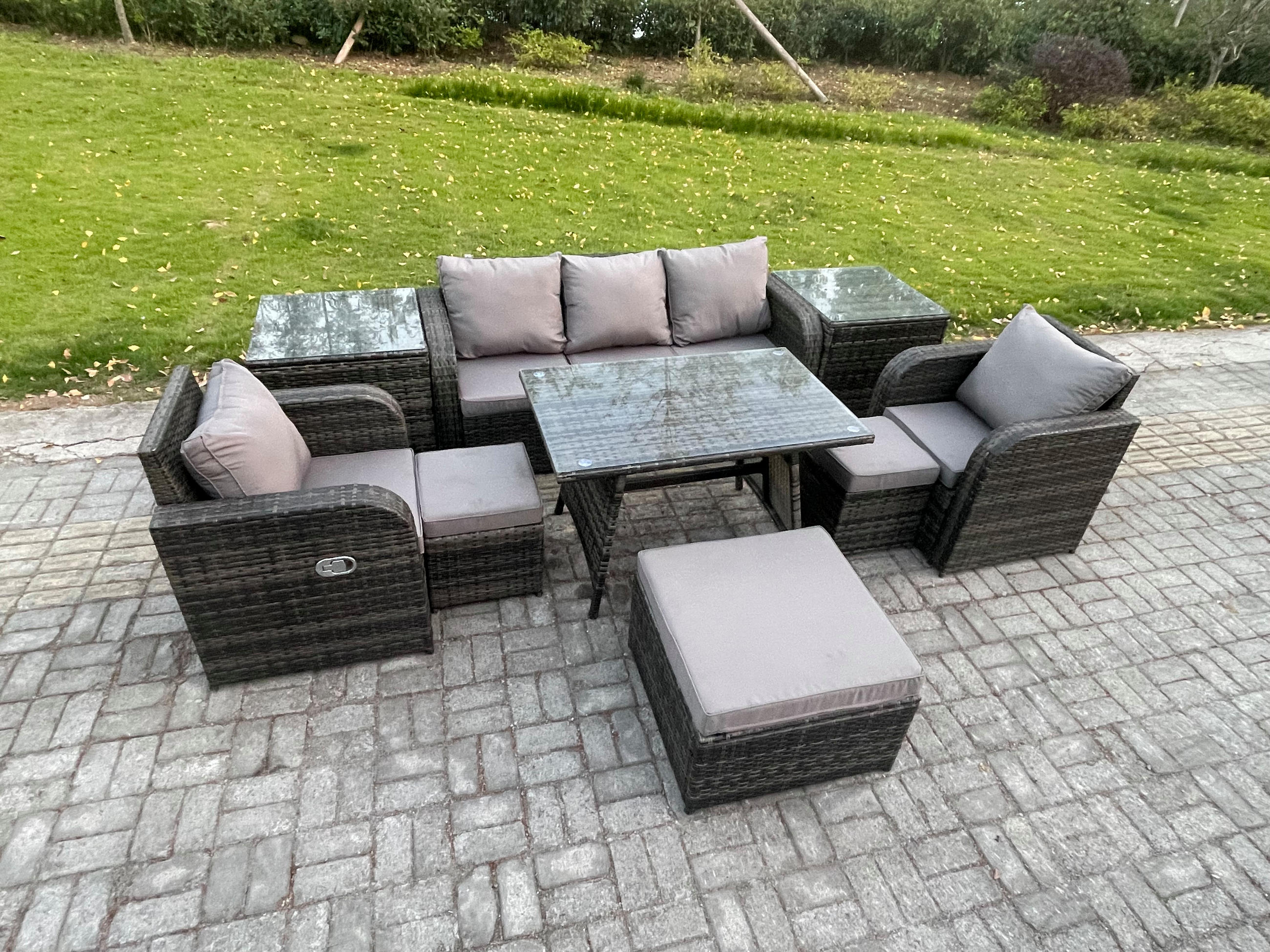 GARTENMÖBEL SET mit COUCHTISCH Polyrattan Dunkelgrau 8-Sitzer - Dunkelgrau/Grau, Glas/Kunststoff - Fimous