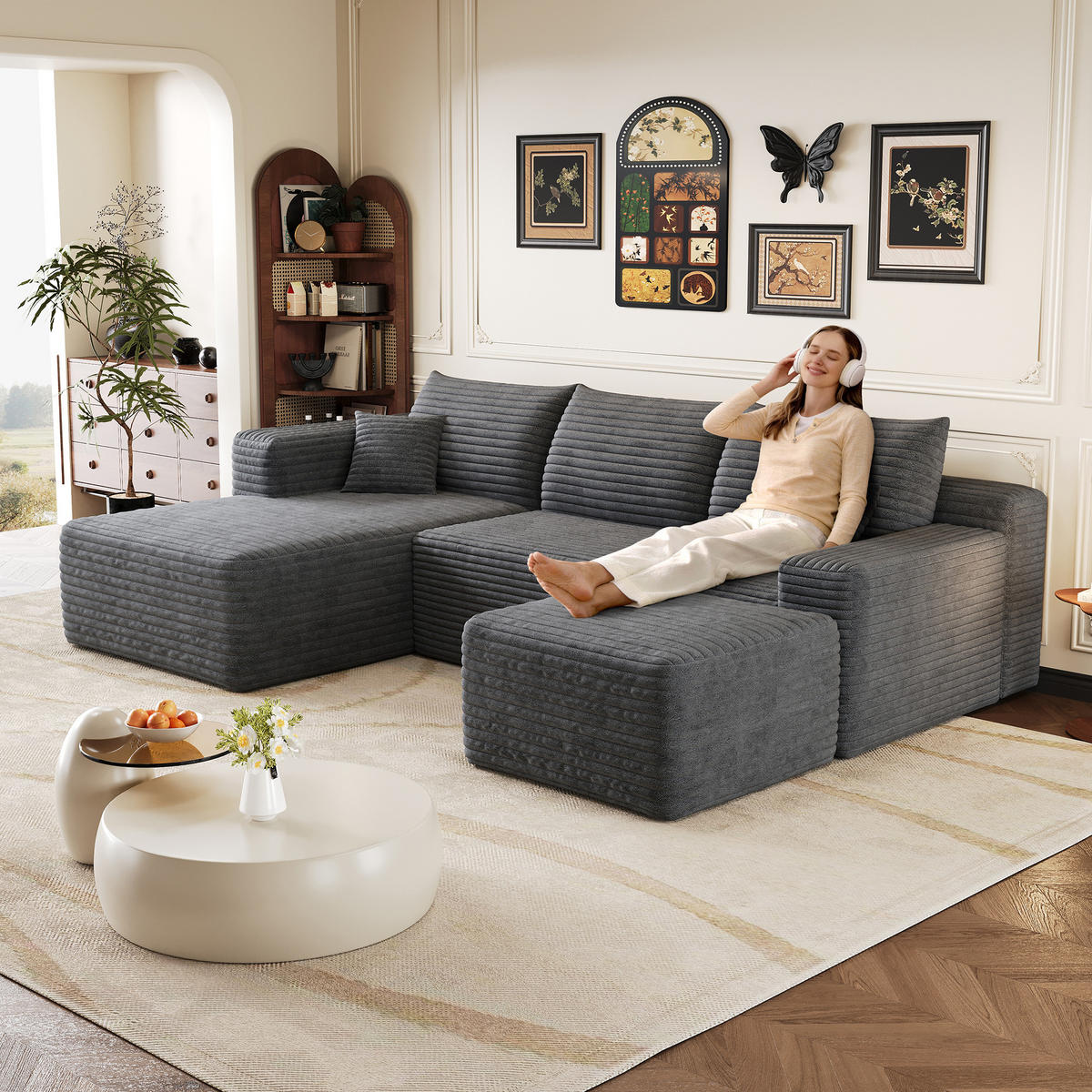 WOHNLANDSCHAFT Cord Dunkelgrau ohne Montage - Grau, Textil (241/58/151cm) - WISHDOR