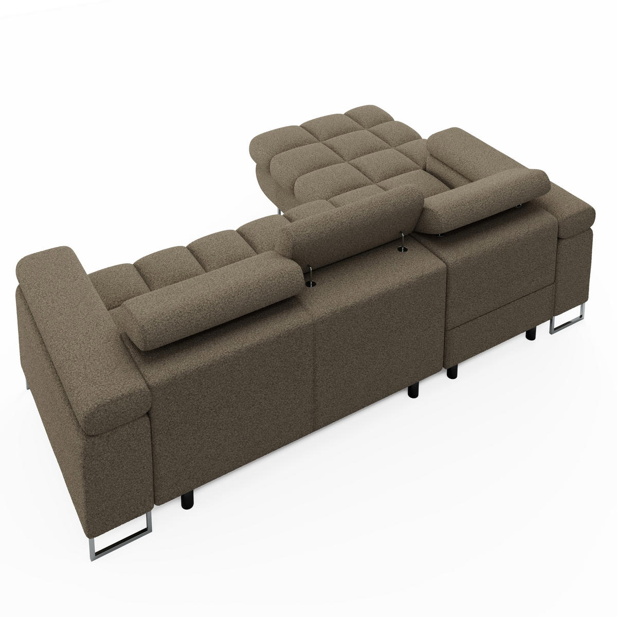ECKSOFA CLOUD Links Dunkelbraun L-Form Bouclé-Stoff mit Schlaffunktion und Bettkasten - Chromfarben/Dunkelbraun, Holz/Metall (235/275cm) - Barchello