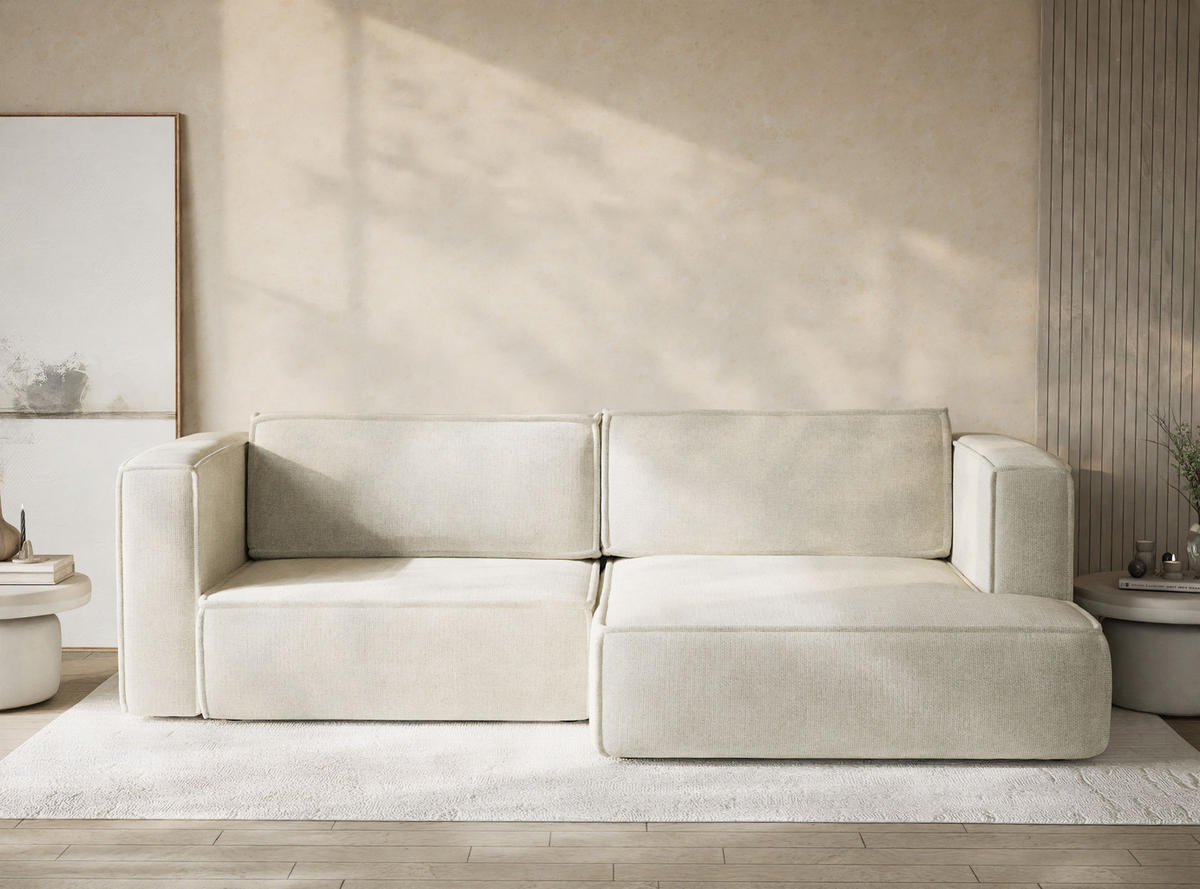 ECKSOFA MIT SCHLAFFUNKTION Velto Creme Chenille-Stoff - Creme/Schwarz, Holz/Holzwerkstoff (250/152cm) - Maison de Reve