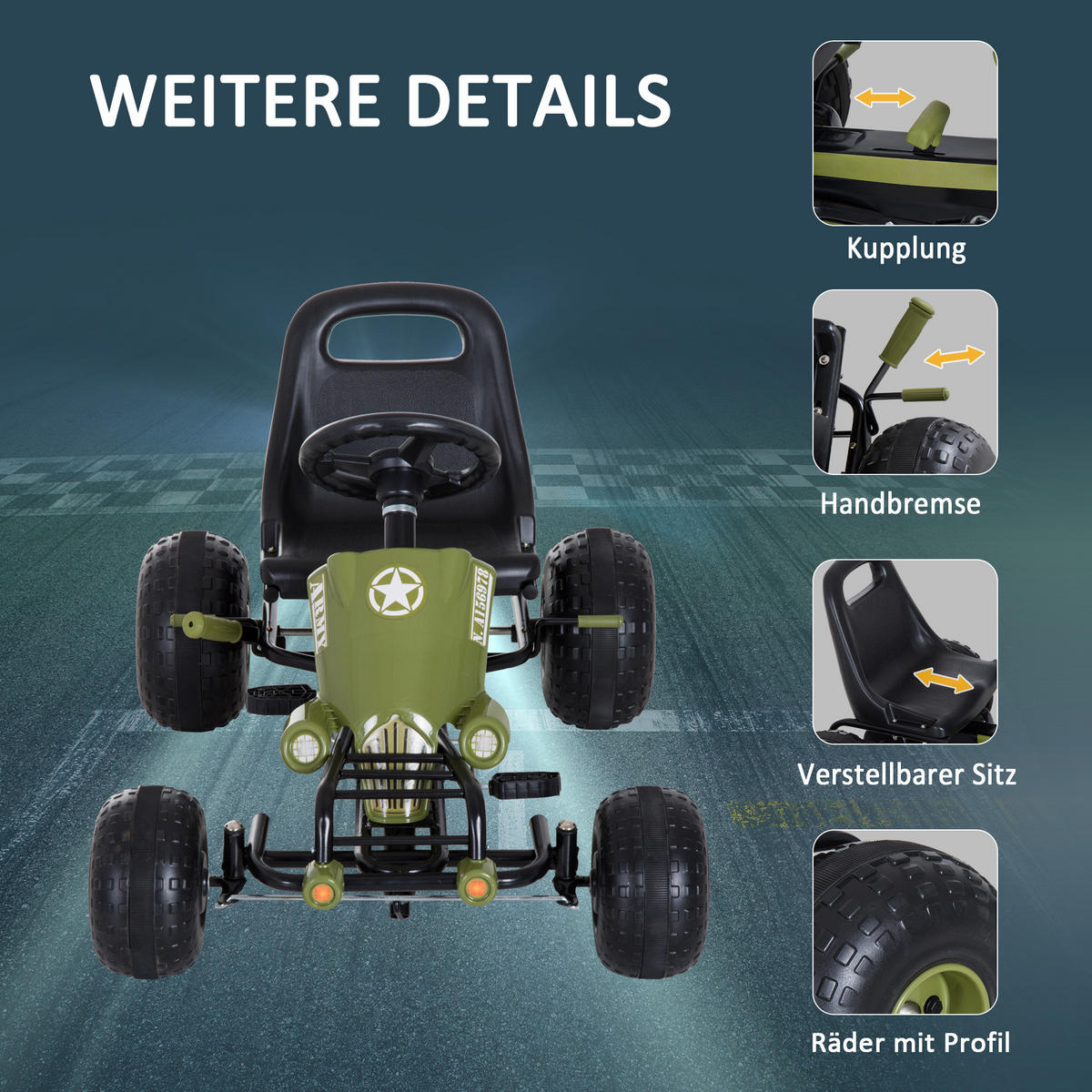 KINDER GO KART TRETAUTO, L105 x B54 x H61cm/L99 x B65 x H56cm, Grün - Grün, Metall (99/65/56cm) - HOMCOM