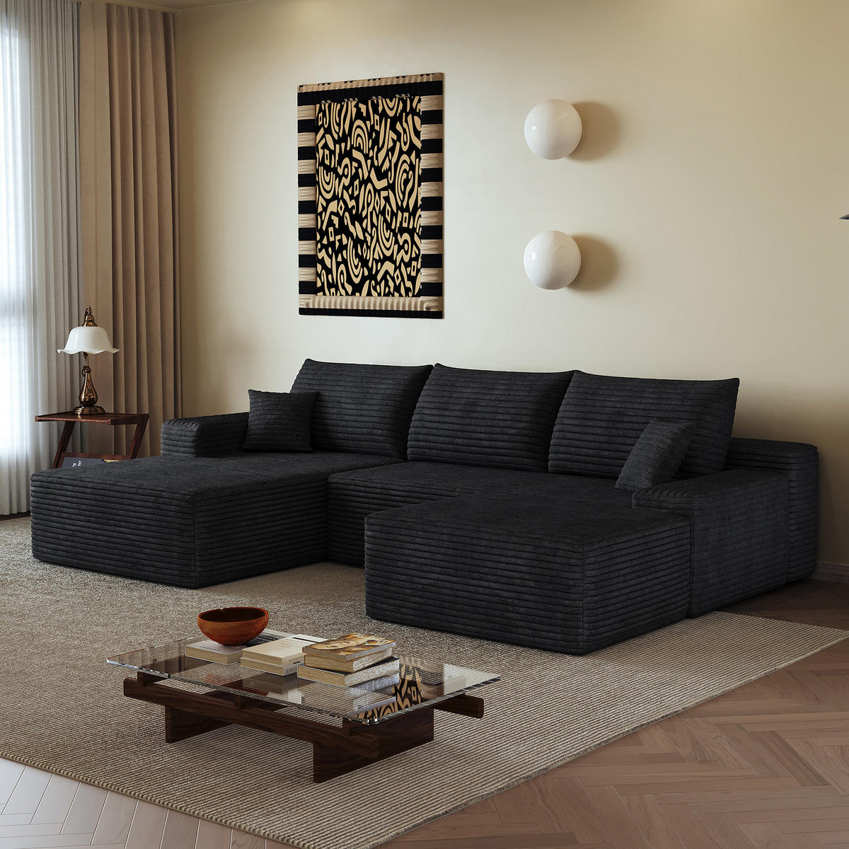 WOHNLANDSCHAFT DE-34857 U-Form 2-Sitzer Chaiselongue links Schwarz - Schwarz, Textil (175/83/270cm) - ComfortXL
